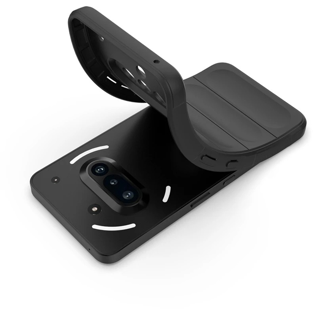 Zwarte telefoonhoes met een telefoon erin. De hoes heeft ruimte voor de camera en de achterkant van de telefoon.