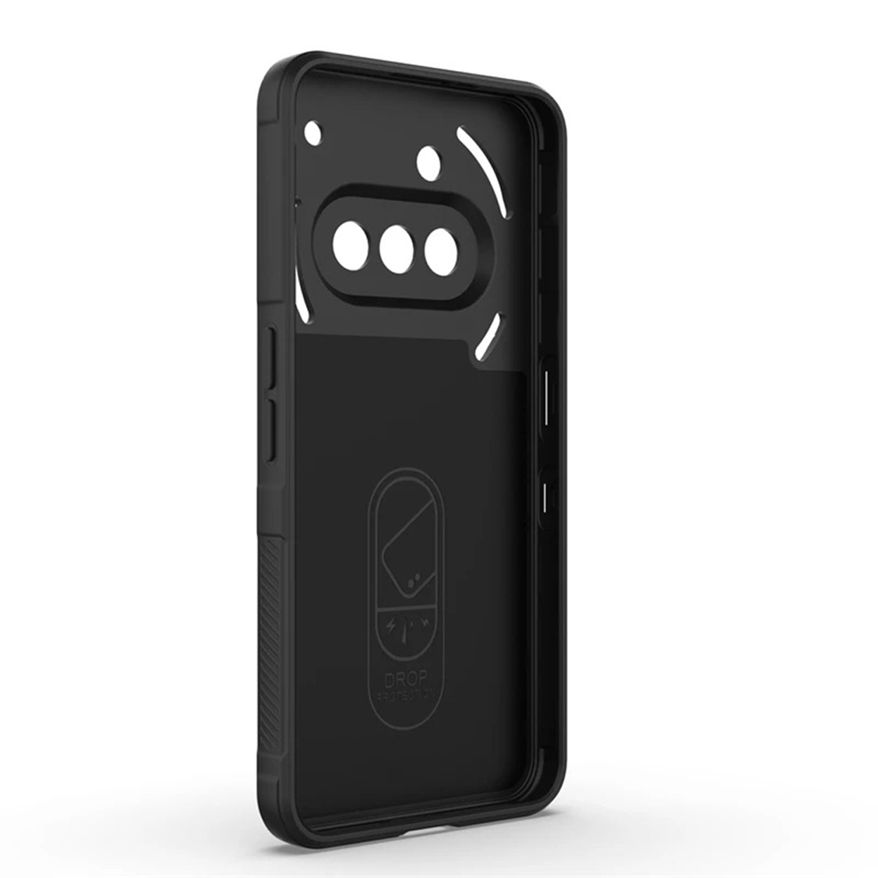 Zwarte telefoonhoes met uitsparingen voor camera, knoppen en poorten.