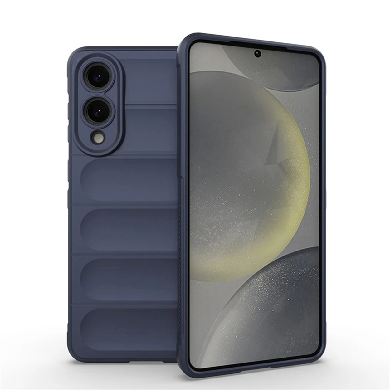 Blauwe telefoonhoes met gestructureerde achterkant en twee delen.