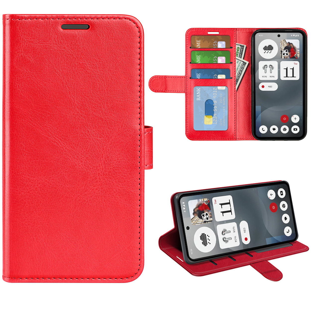 Étui de téléphone rouge ouvert, montrant le téléphone et les cartes de crédit.
