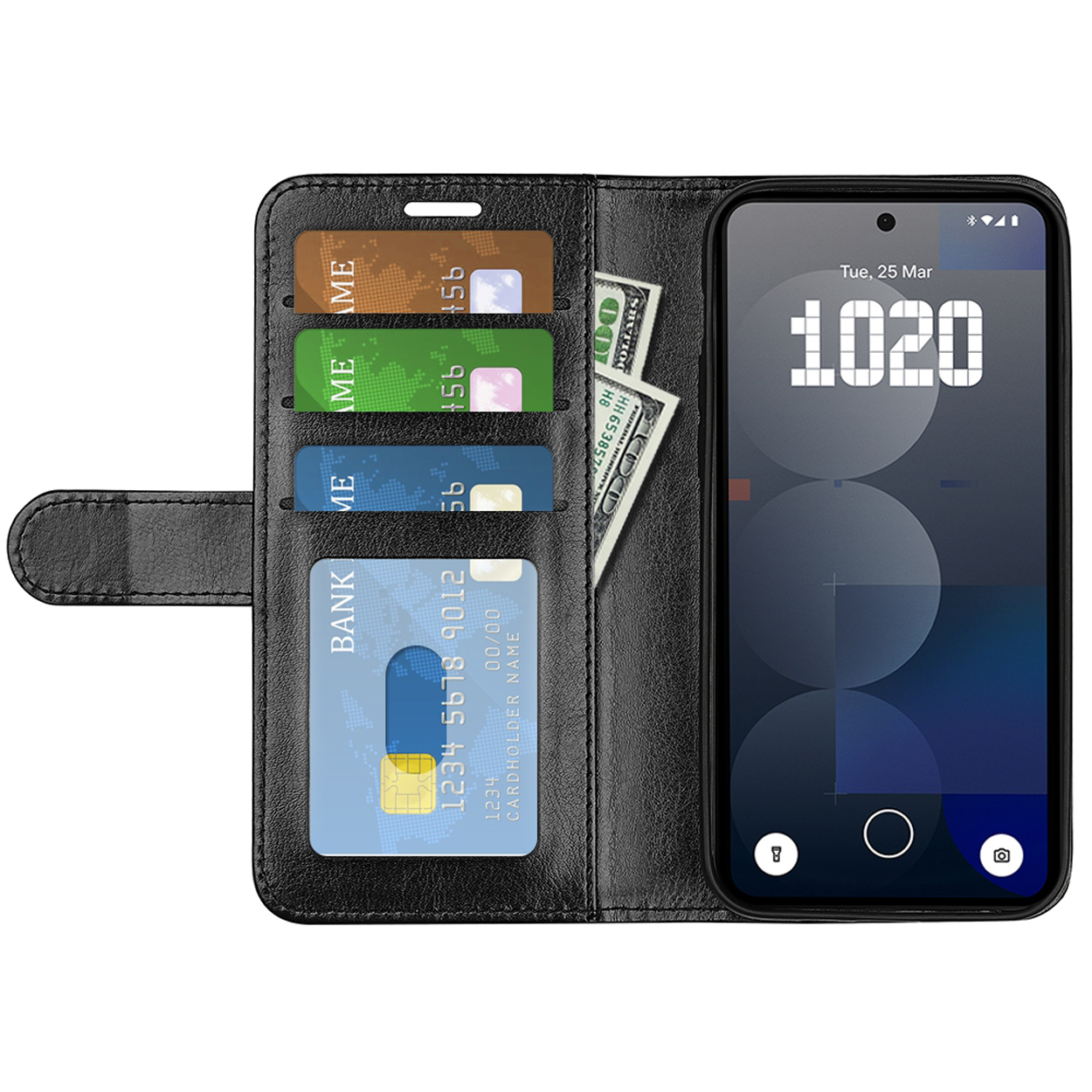 Een zwart telefoonhoesje met kaarten en geld erin, een telefoon die de tijd weergeeft.