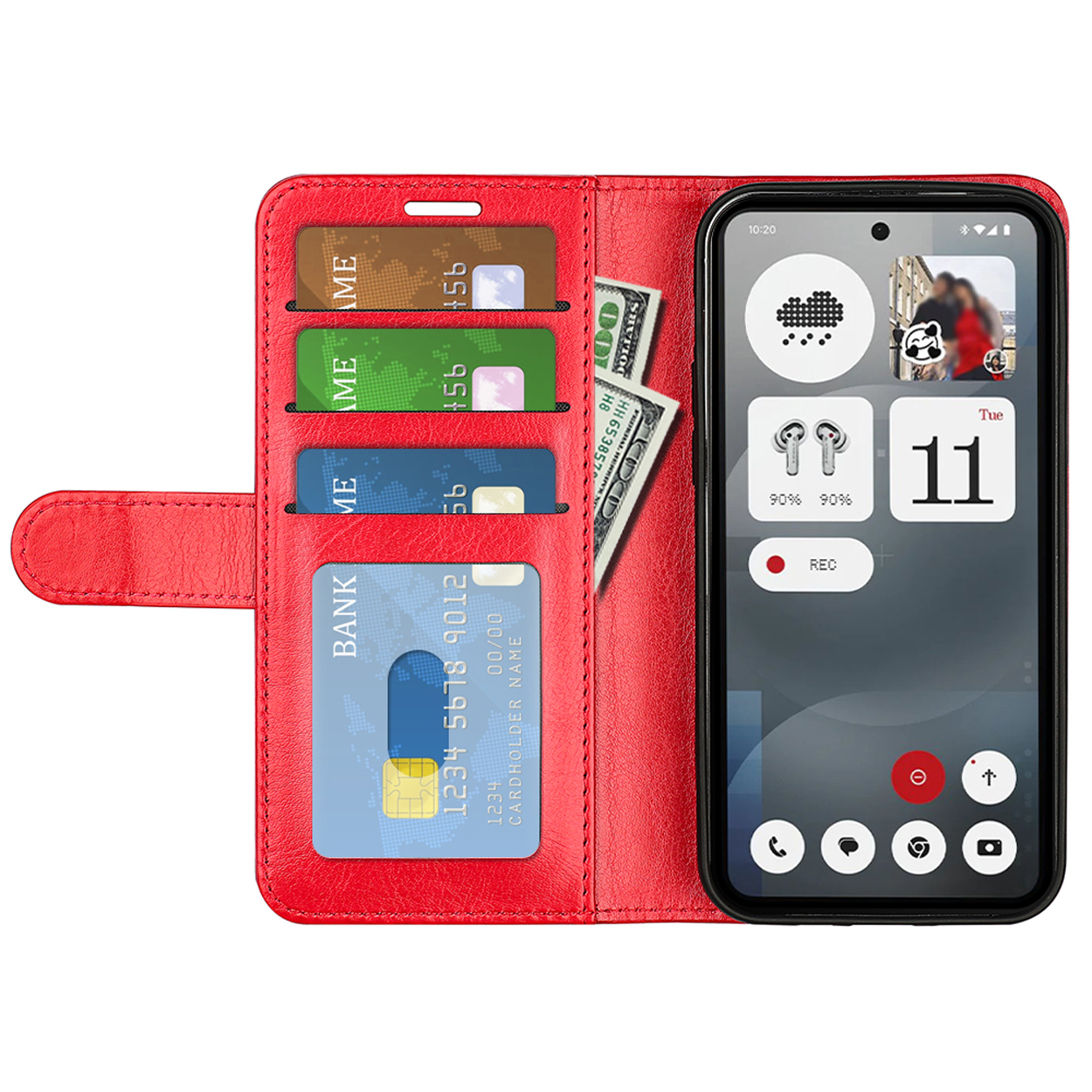 Coque de téléphone rouge avec fentes pour cartes et argent, et un téléphone avec icônes.