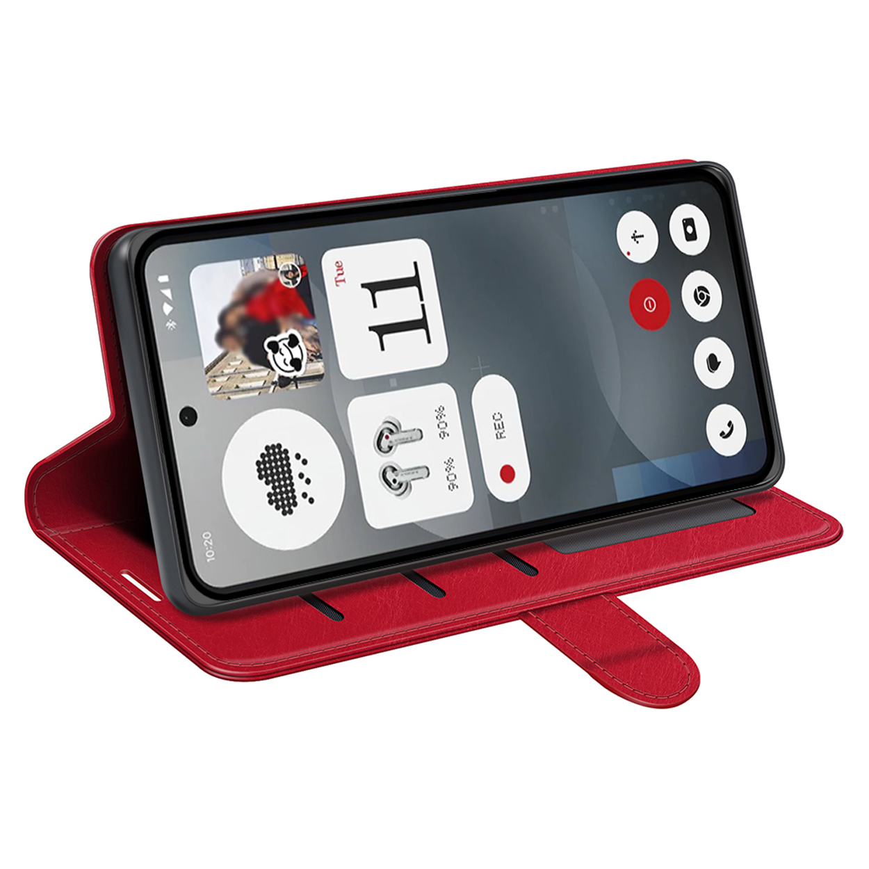 Étui de téléphone rouge avec téléphone affichant icônes d'applications, bouton REC et date. Sur fond blanc.