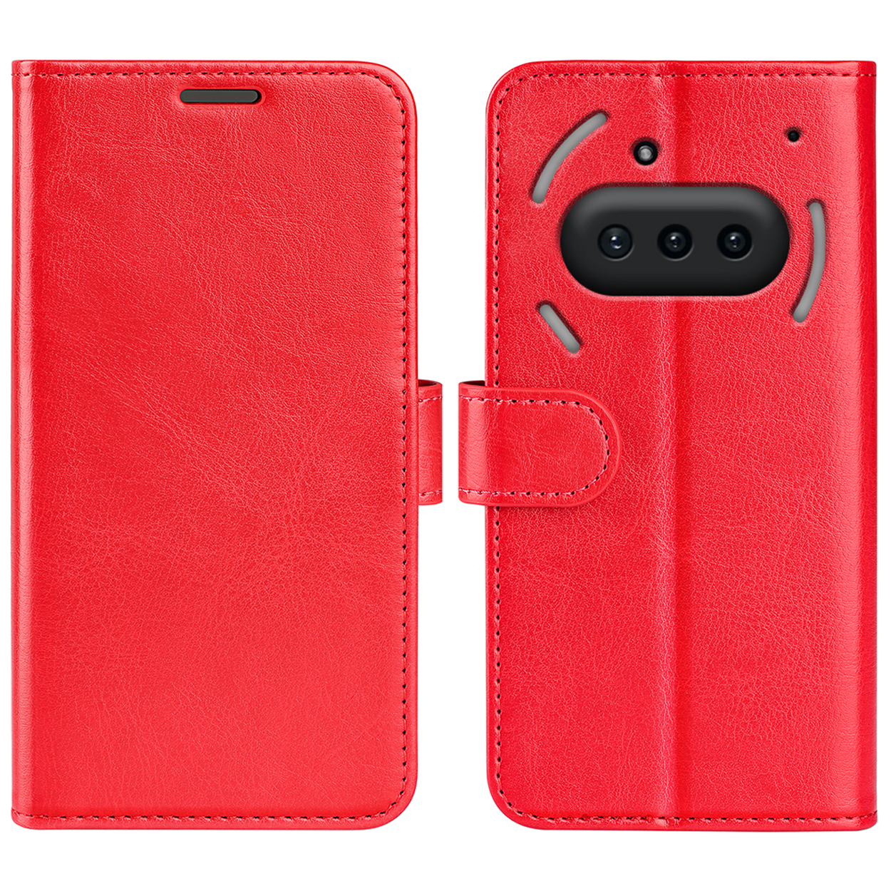 Un étui de téléphone rouge ouvert, montrant le support du téléphone et le couvercle extérieur.