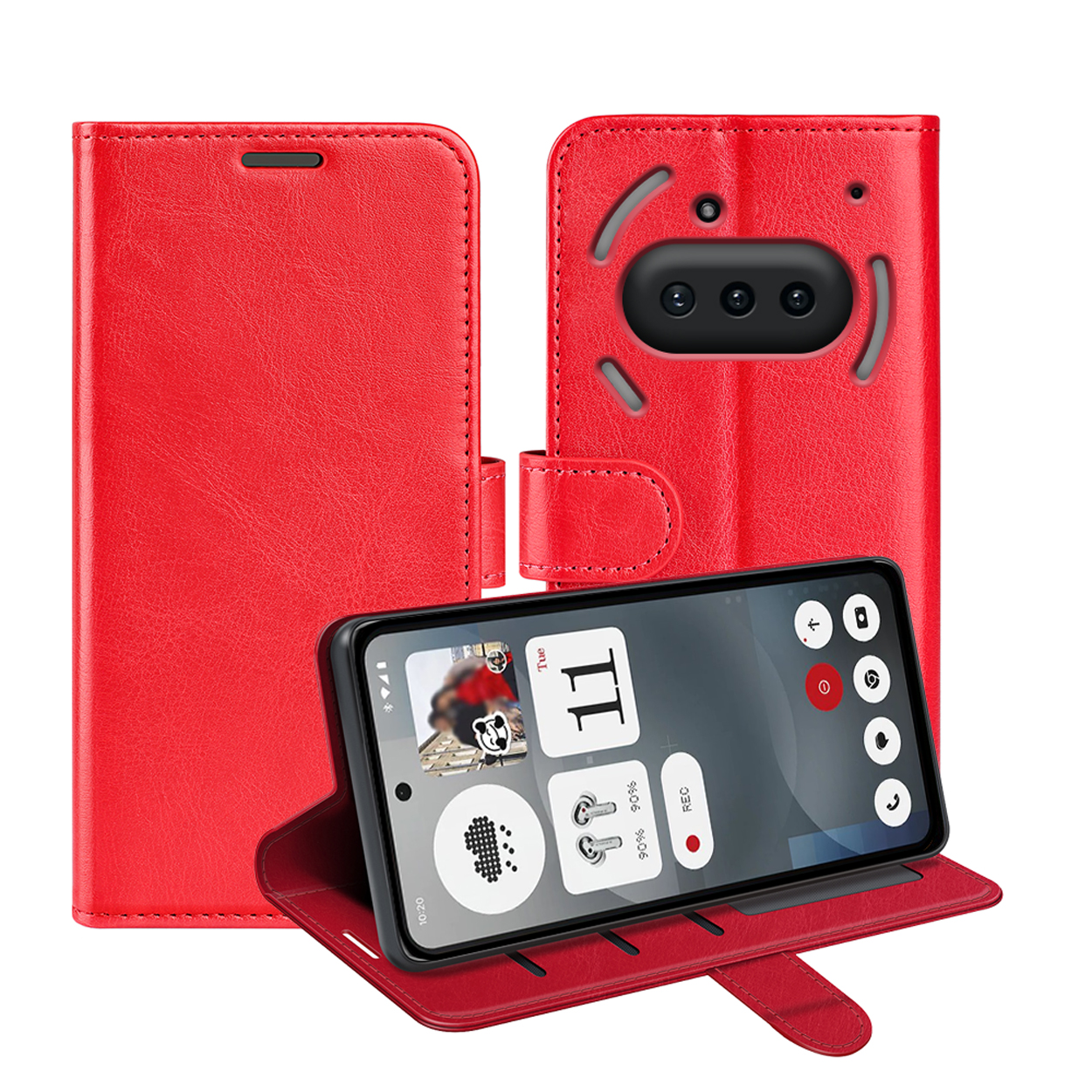 Étui de téléphone rouge, ouvert, montrant le téléphone avec écran.