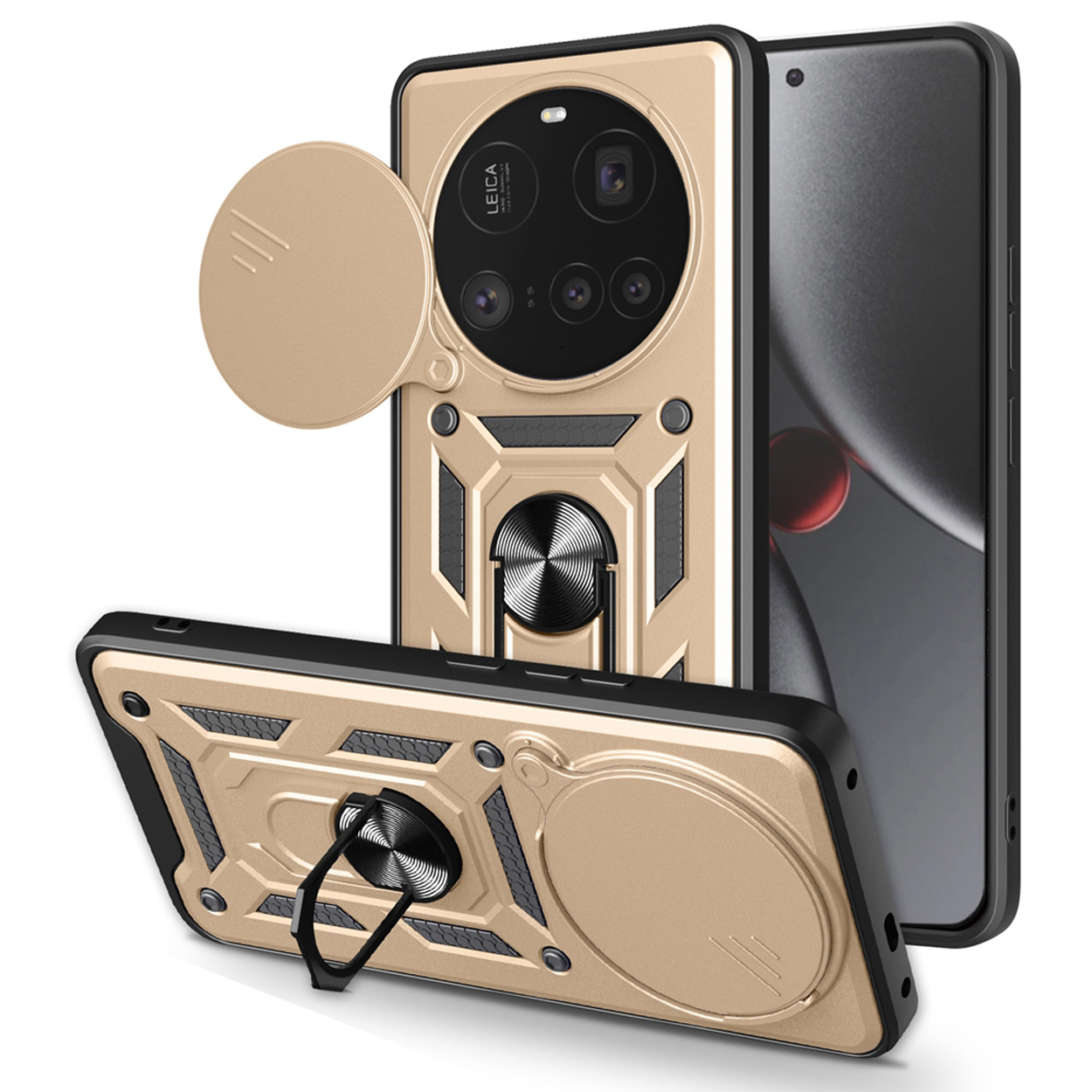 Gouden telefoonhoes met een telefoon, camera en standaard.