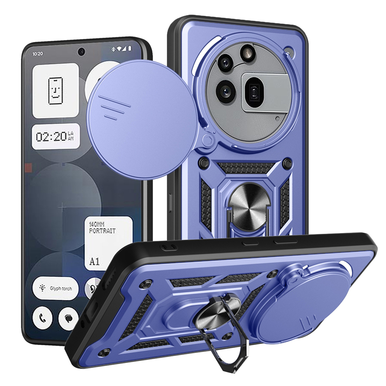 Trois coques de téléphone bleues, pour un téléphone avec caméra et support d'anneau pop-up. L'écran montre l'interface.