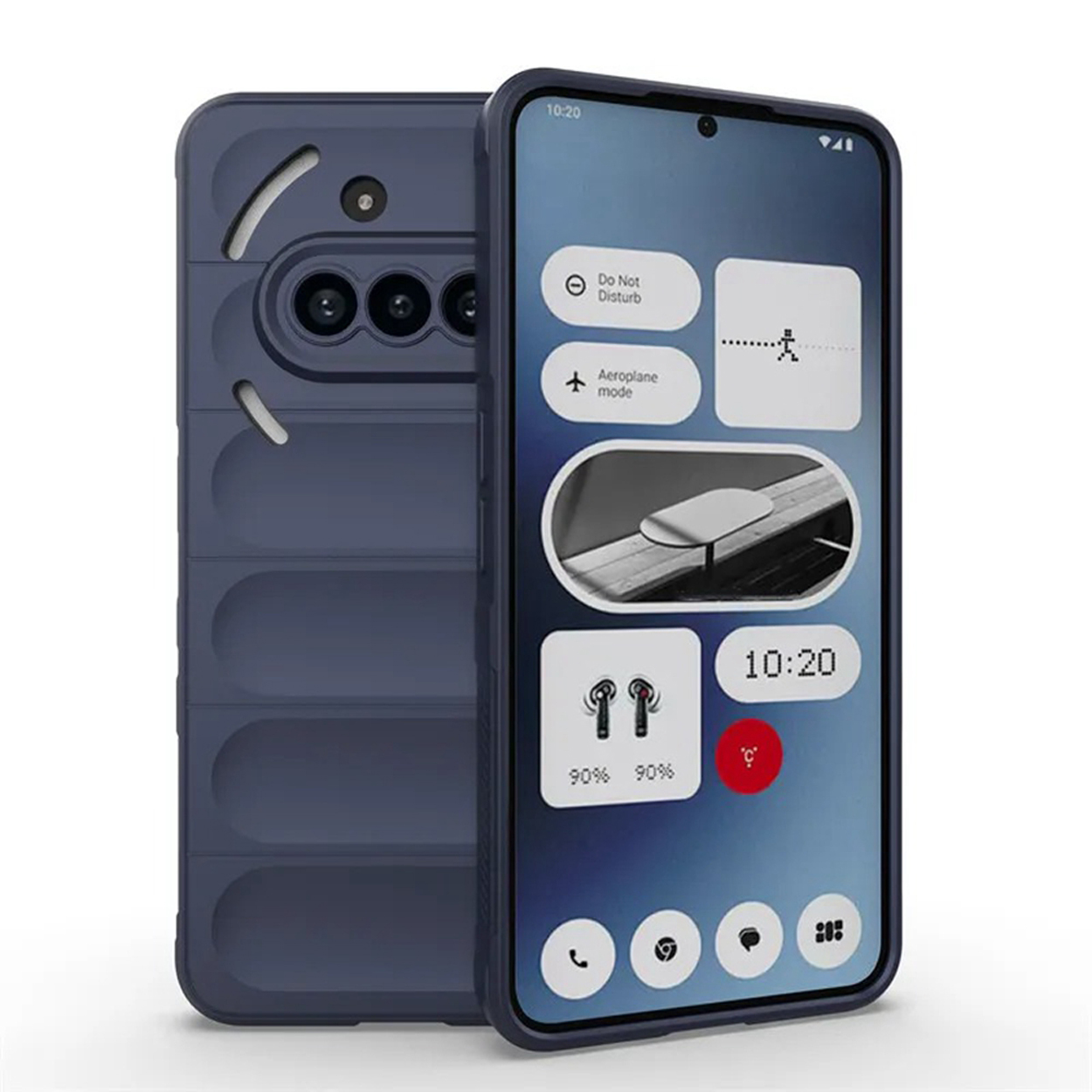 Coque de téléphone bleue avec un téléphone à l'intérieur. L'écran affiche diverses icônes et une horloge.