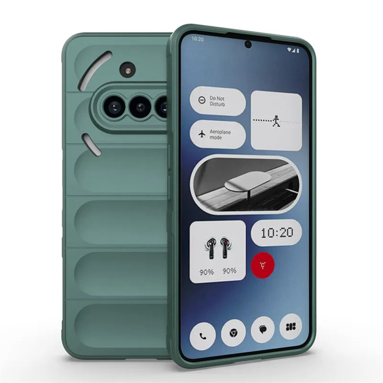 Groene telefoonhoes met een telefoon erin. Het scherm toont de tijd en andere iconen.