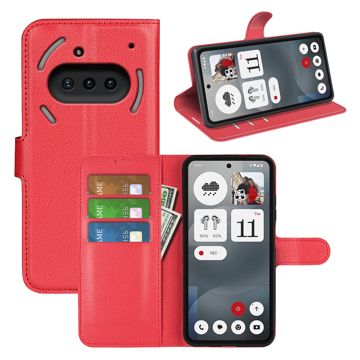Rode telefoonhoes, open, met telefoon erin die de tijd en een rode opnameknop toont, met creditcards.