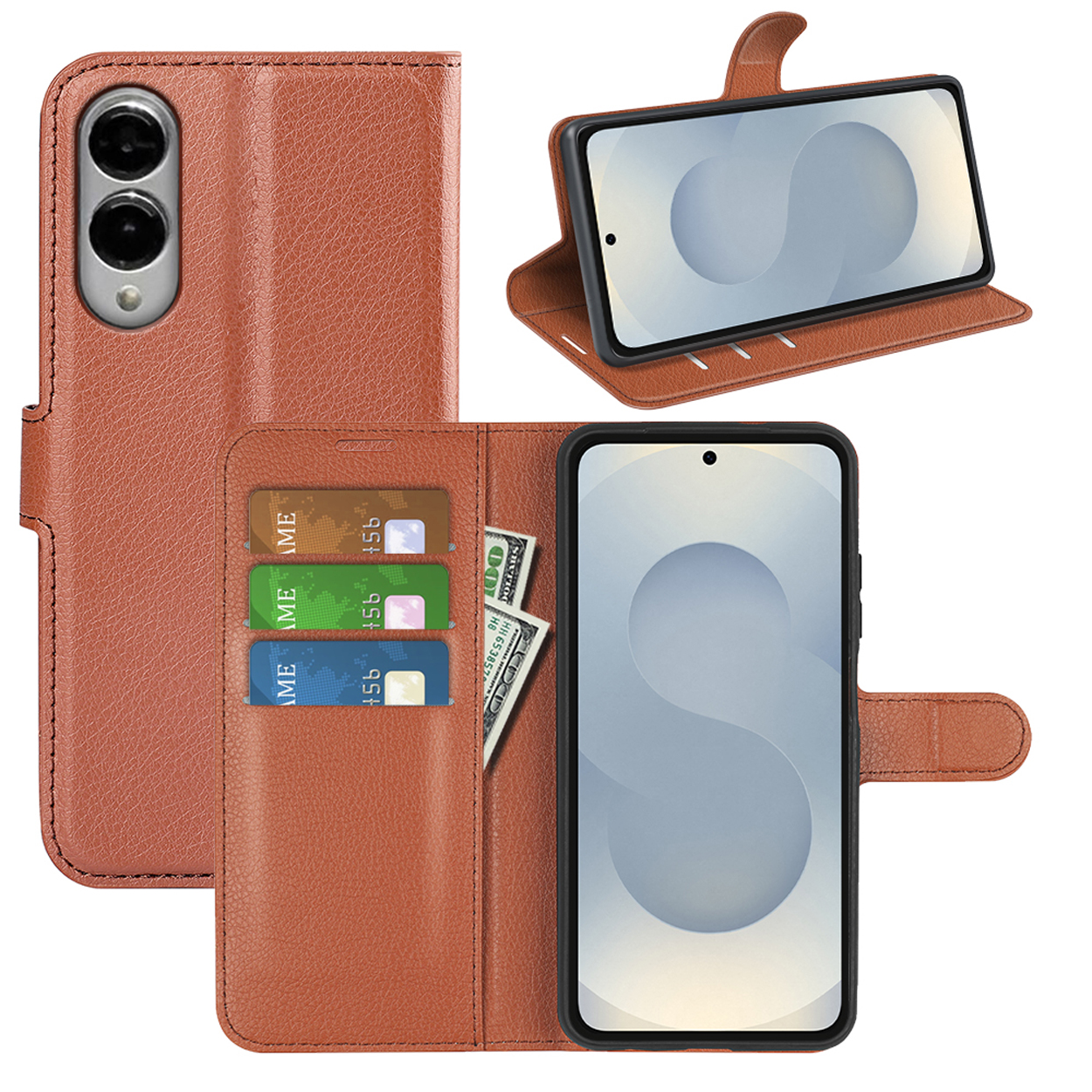 Bruine leren telefoonhoes. Open, met een telefoon, kaarten en contant geld. Bruine buitenkant met witte achtergrond.