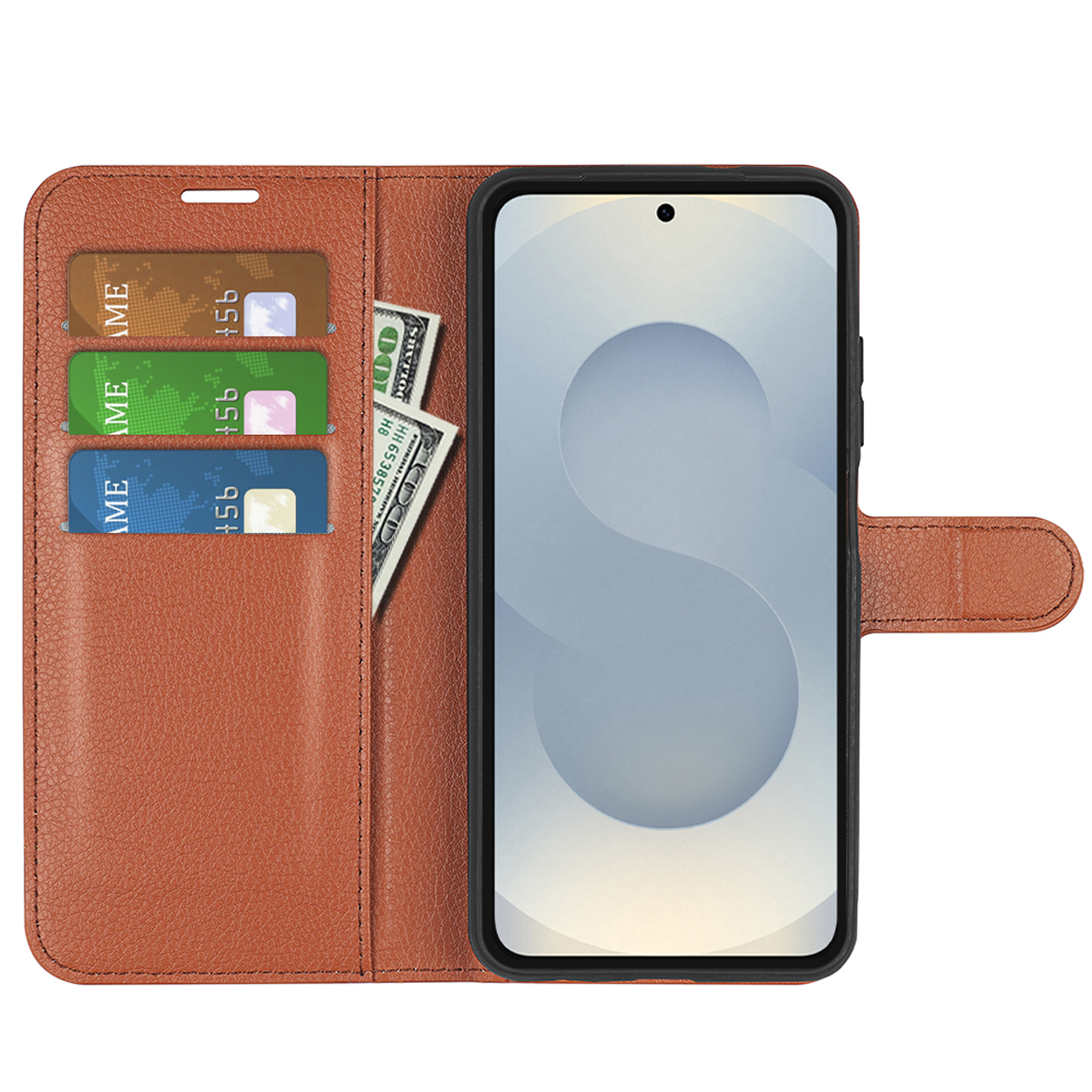 Open bruine telefoonhoes met creditcards en contant geld. Telefoon zit erin, toont een leeg scherm.