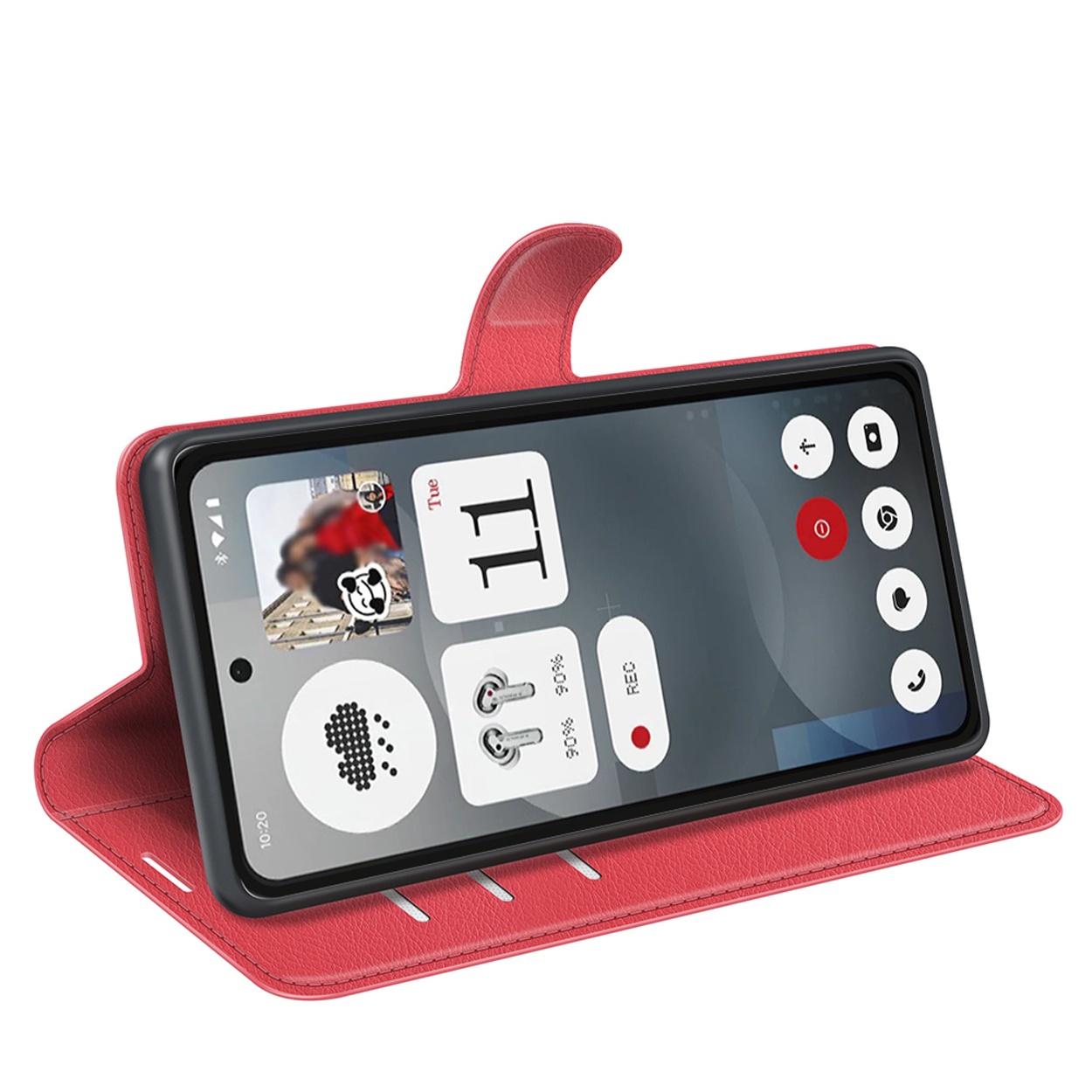 Rode telefoonhoes, open, met de telefoon erin die de tijd en andere iconen toont.