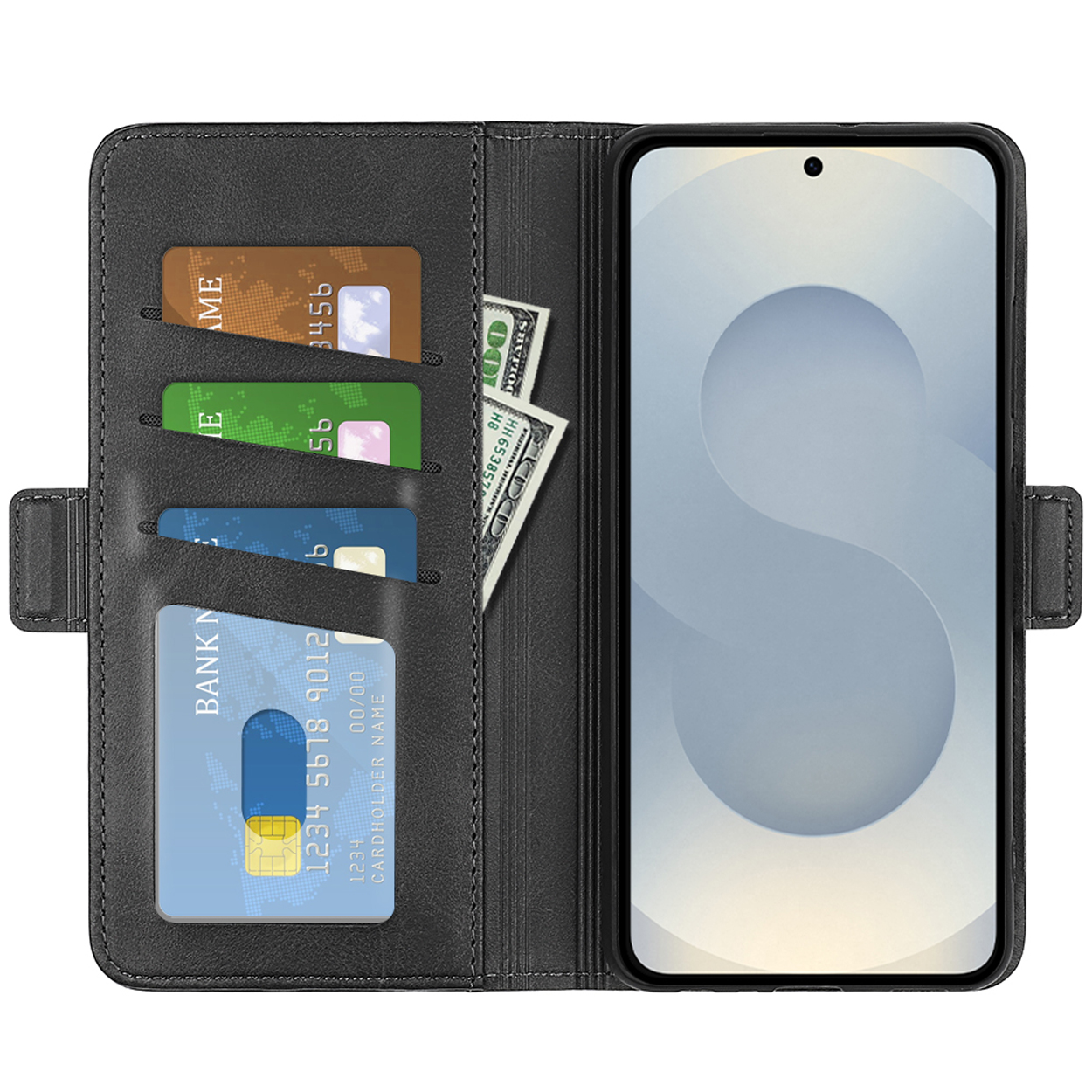 Zwarte telefoonhoes met kaarten en geld erin, met een telefoon die een wit scherm toont.
