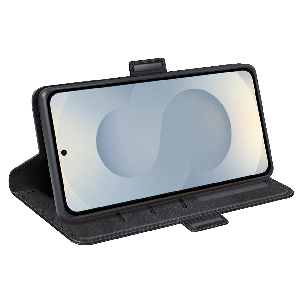 Zwarte telefoon in een zwarte hoes, met een scherm met een vage achtergrond.