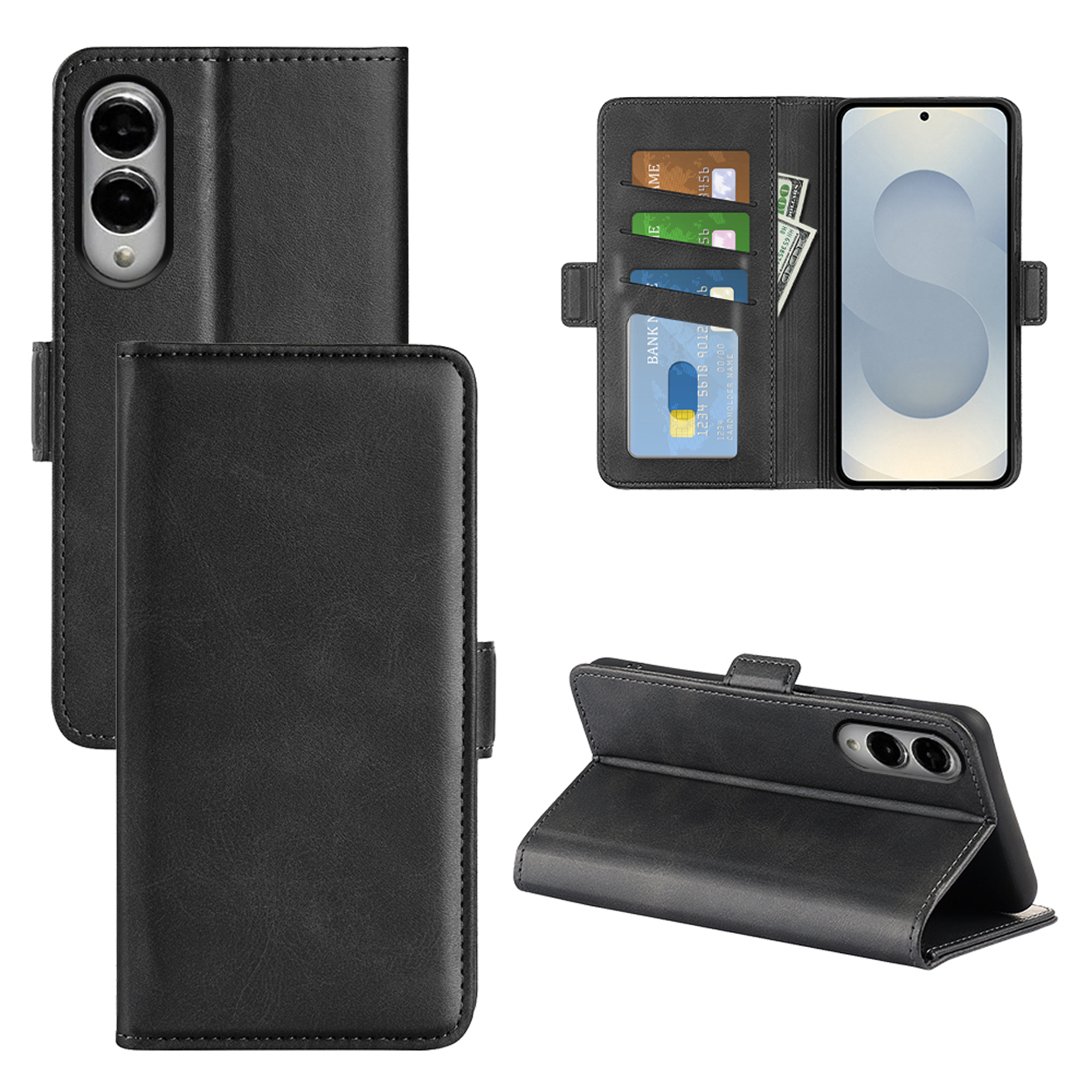 Zwart telefoonhoesje, opgevouwen, met kaarten en een telefoon erin, met camera.