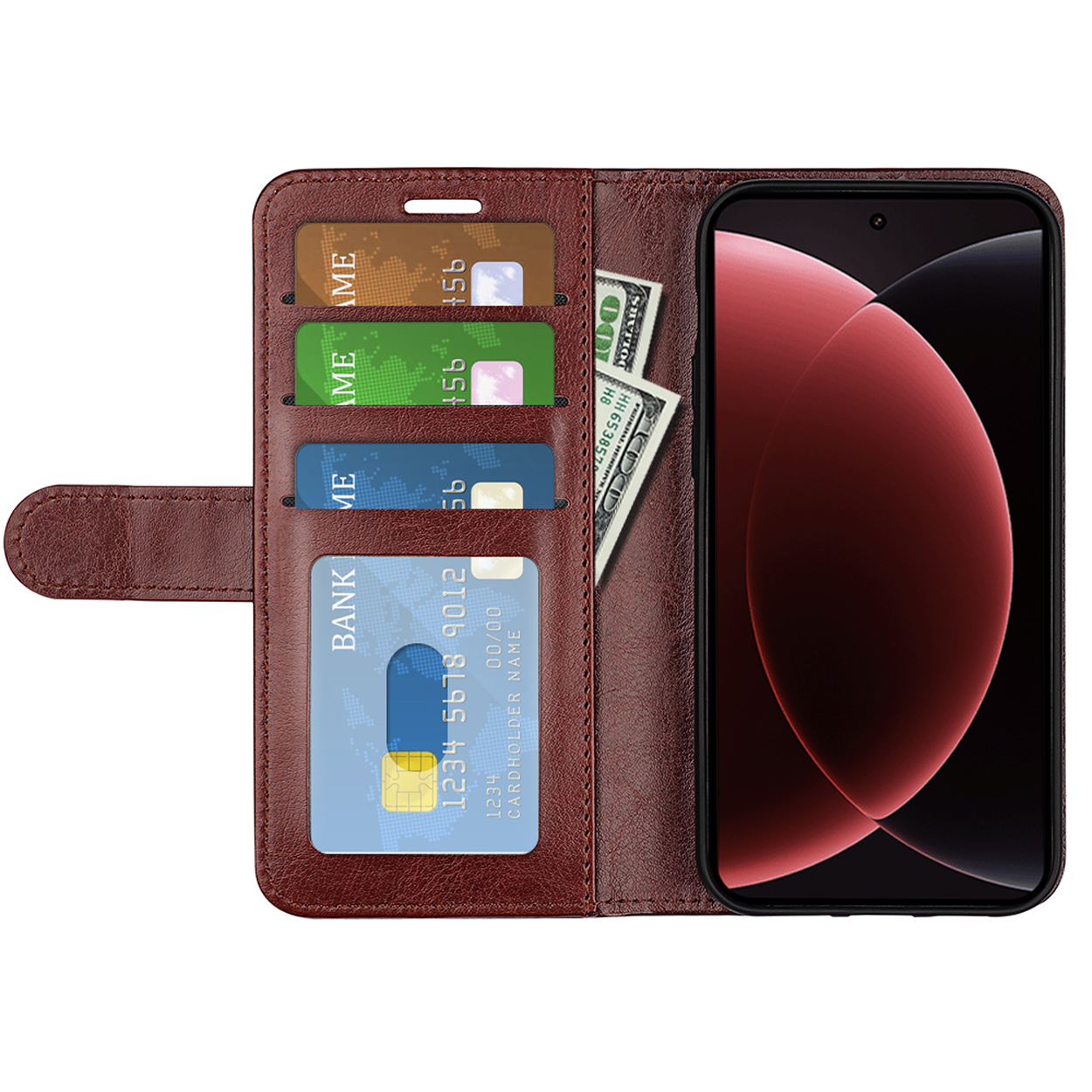 Een bruine telefoonhoes open met kaarten en geld, en een rood telefoonscherm.