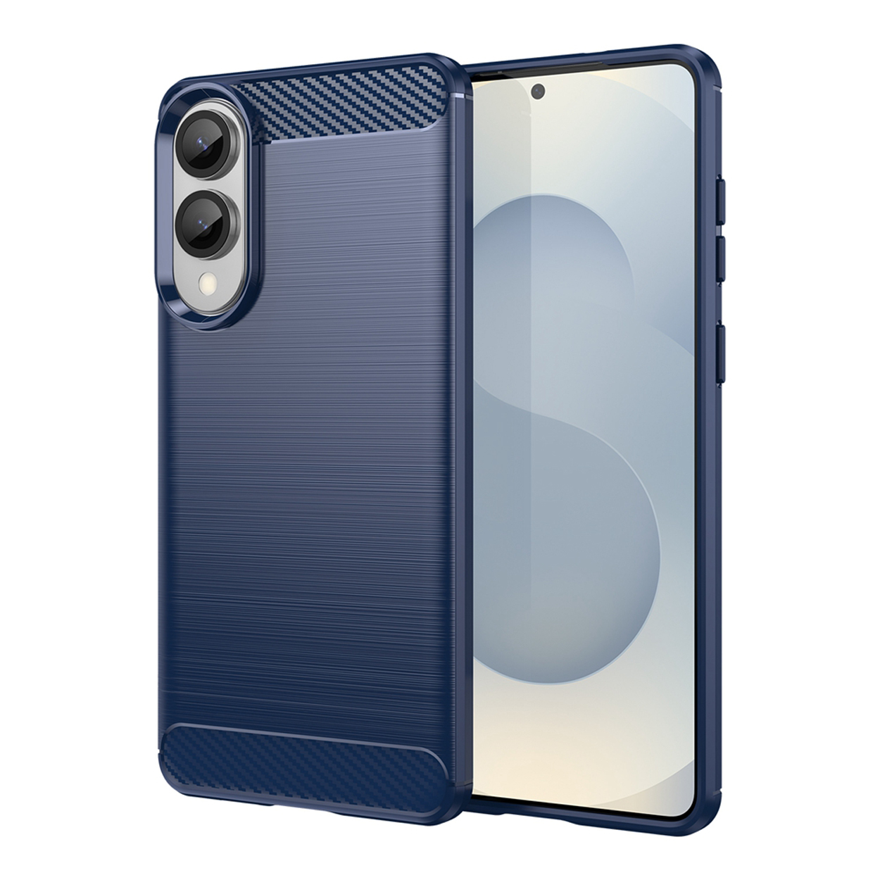 Een blauwe telefoonhoes met een telefoon erin. De hoes heeft een getextureerde achterkant.