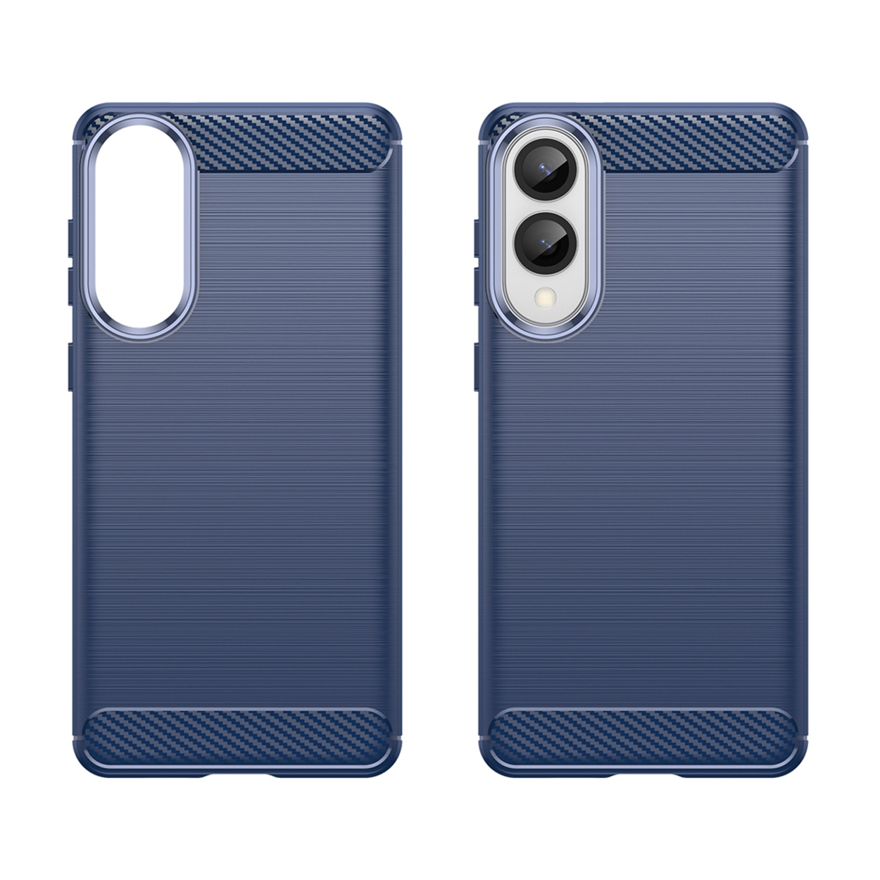 Twee telefoonhoesjes naast elkaar, beide blauw, met een koolstofvezelpatroon. Eén heeft een camera-uitsparing.
