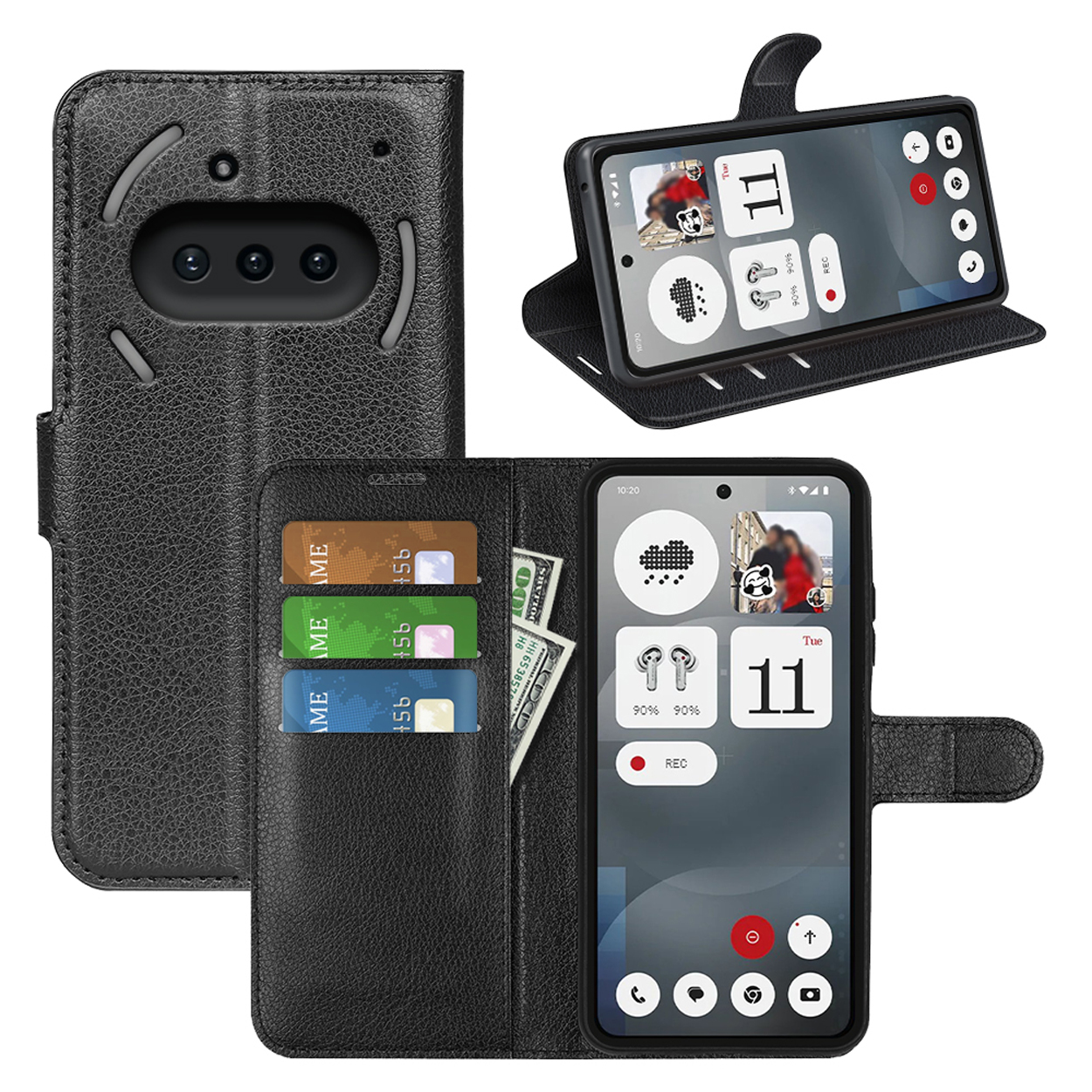 Étui de téléphone noir avec téléphone à l'intérieur. Étui avec fentes pour cartes. Le téléphone affiche des icônes d'applications et la date.