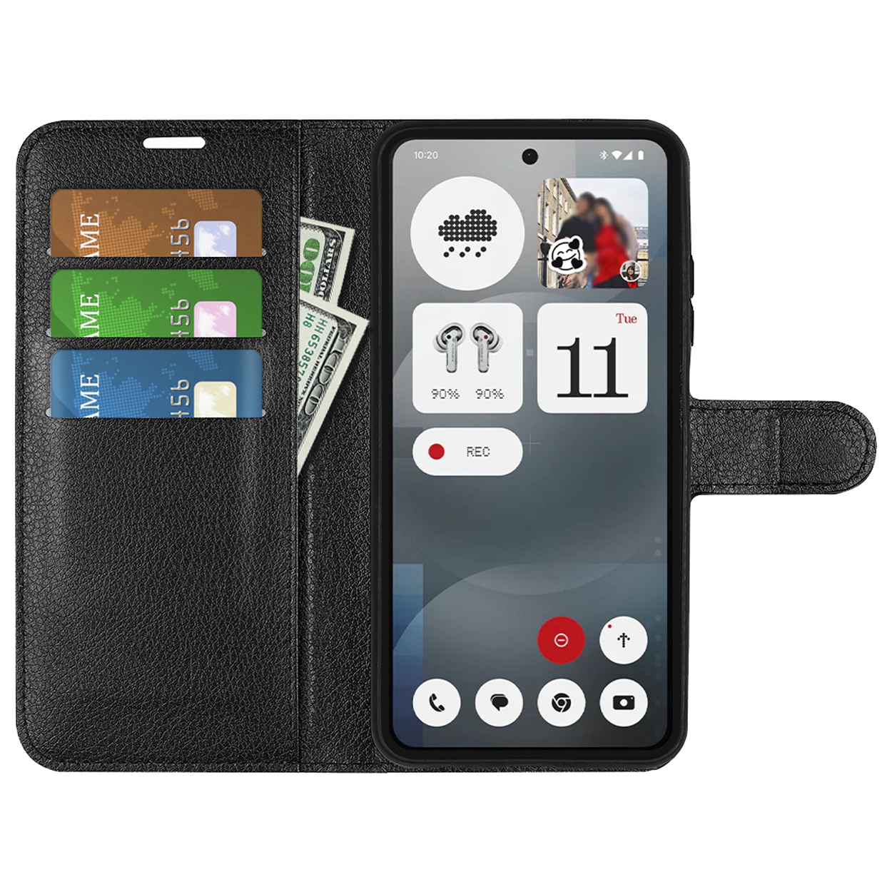 Étui de téléphone noir avec téléphone. Cartes et argent dans les poches. Fond blanc.