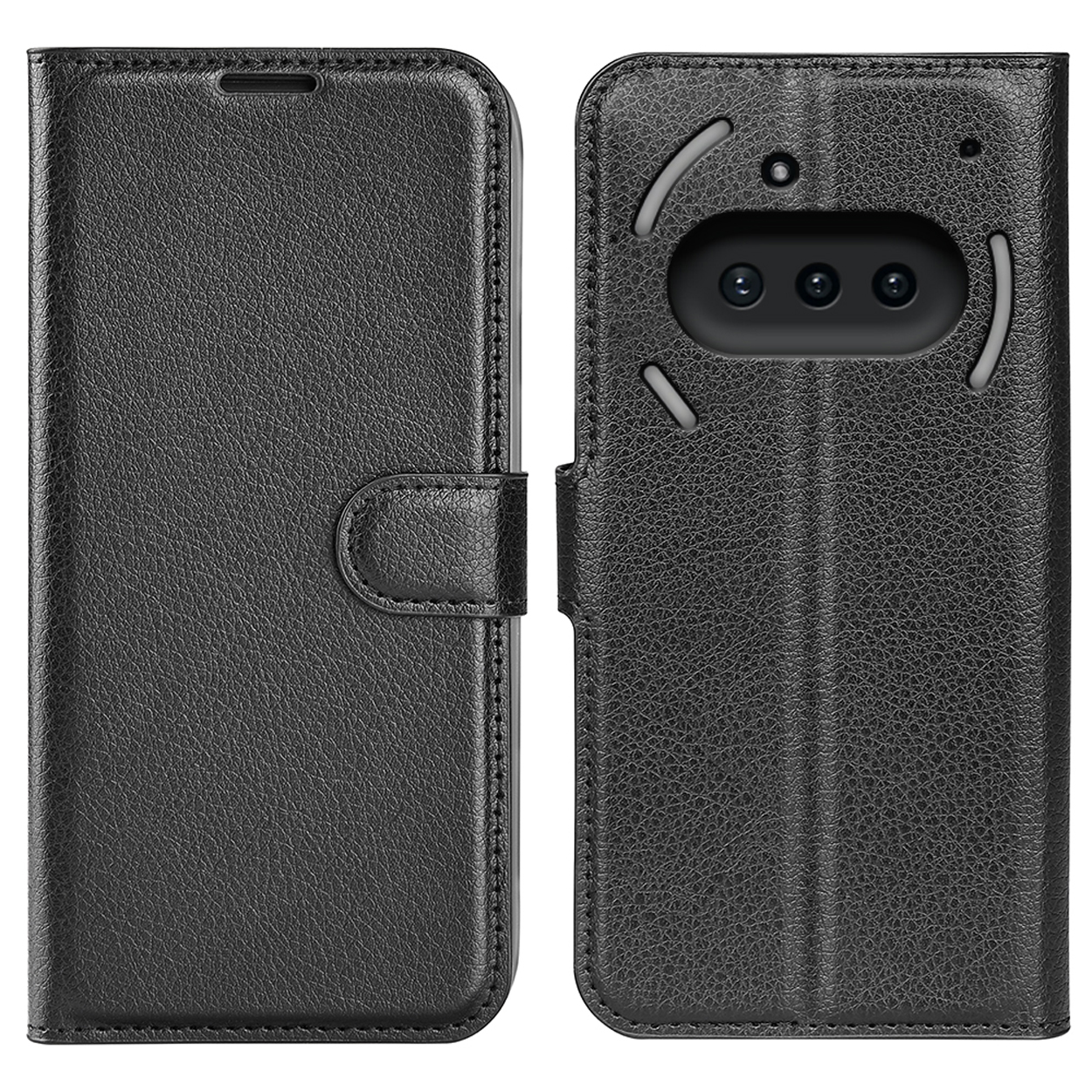 Étui de téléphone en cuir noir, fermé à gauche et ouvert à droite. Trois objectifs d'appareil photo sont visibles.