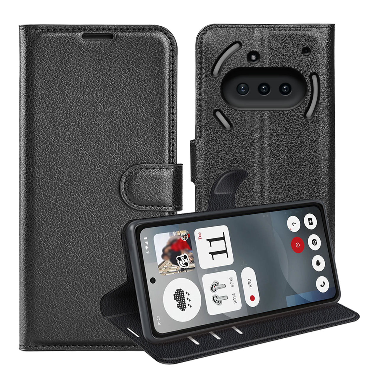 Une coque de téléphone noire avec un design folio. L'étui contient un téléphone affichant une interface avec des icônes.