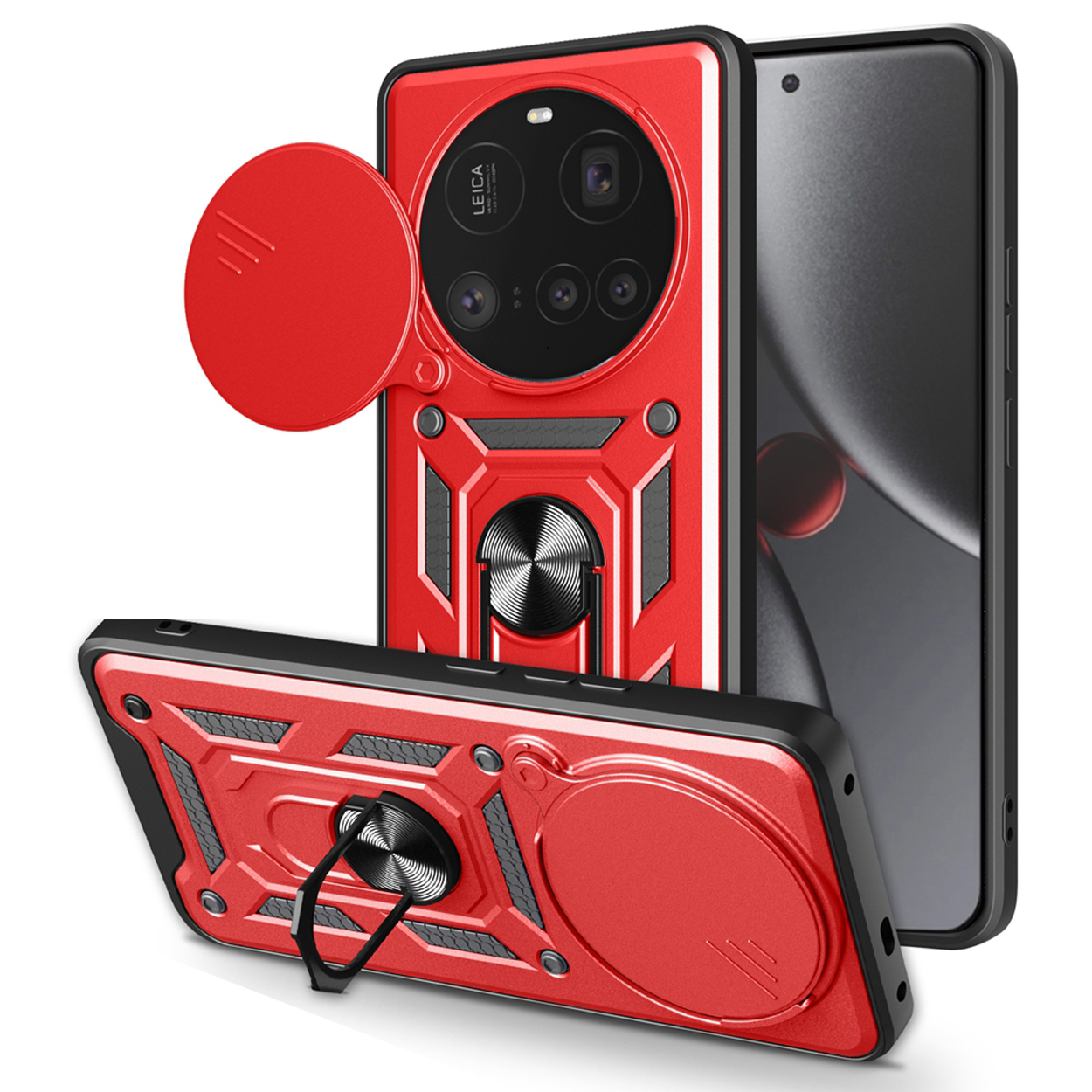 Rode telefoonhoes. Drie hoesjes zijn zichtbaar. Eén met deksel open. Zwarte details.