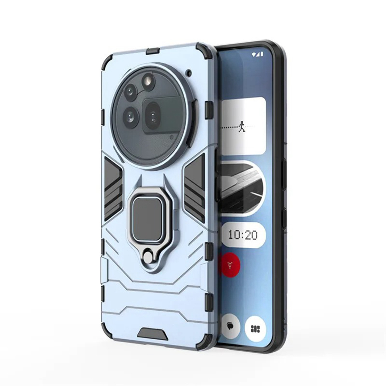 Blauwe telefoonhoes met een standaard. Telefoon geplaatst. Verschillende hoeken.