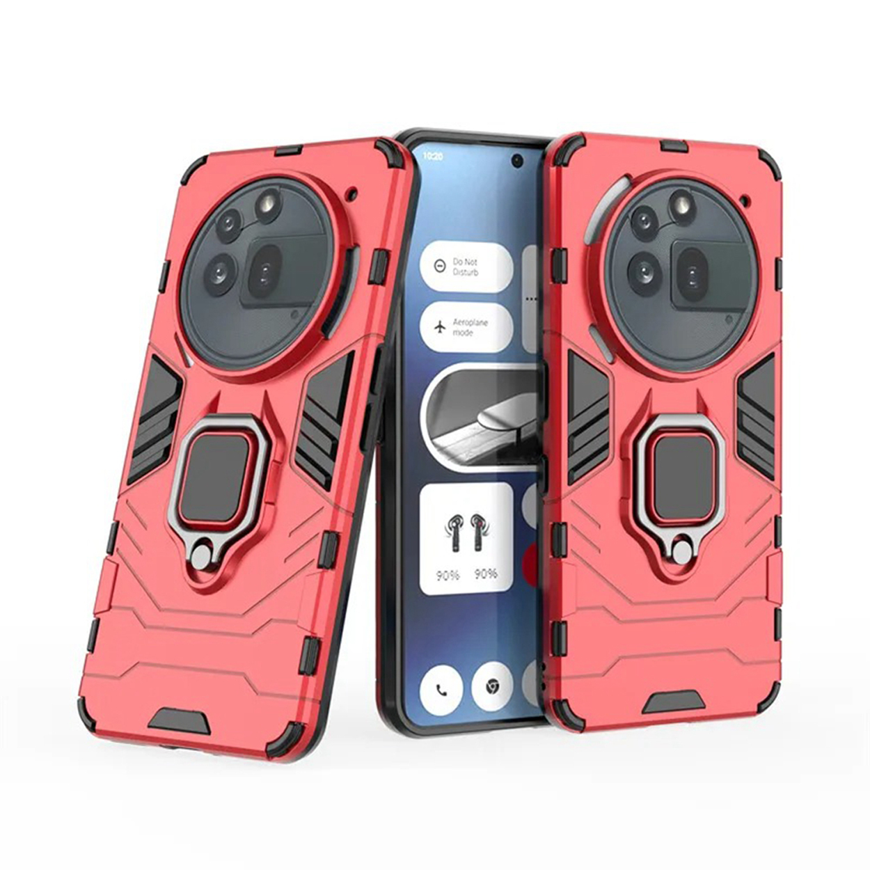 Rode telefoonhoesjes. Twee hoesjes zijn zichtbaar. Telefoonscherm is op één zichtbaar. Zwarte en grijze details.