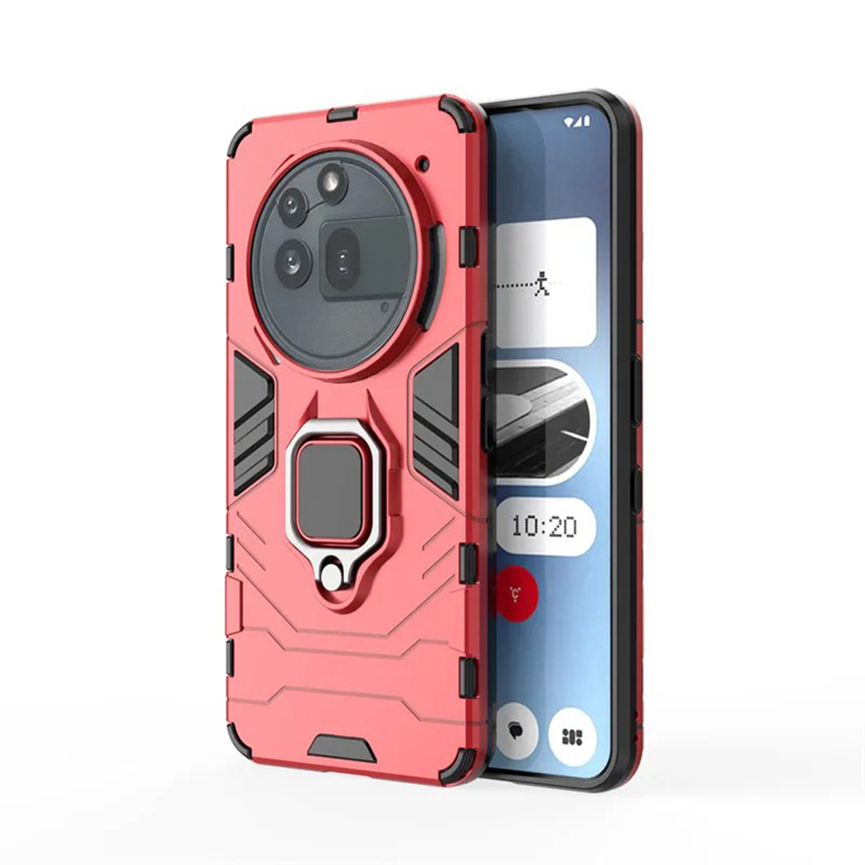 Rode telefoonhoes met een camera-uitsparing en een ringhouder, met de telefoon die het startscherm toont.
