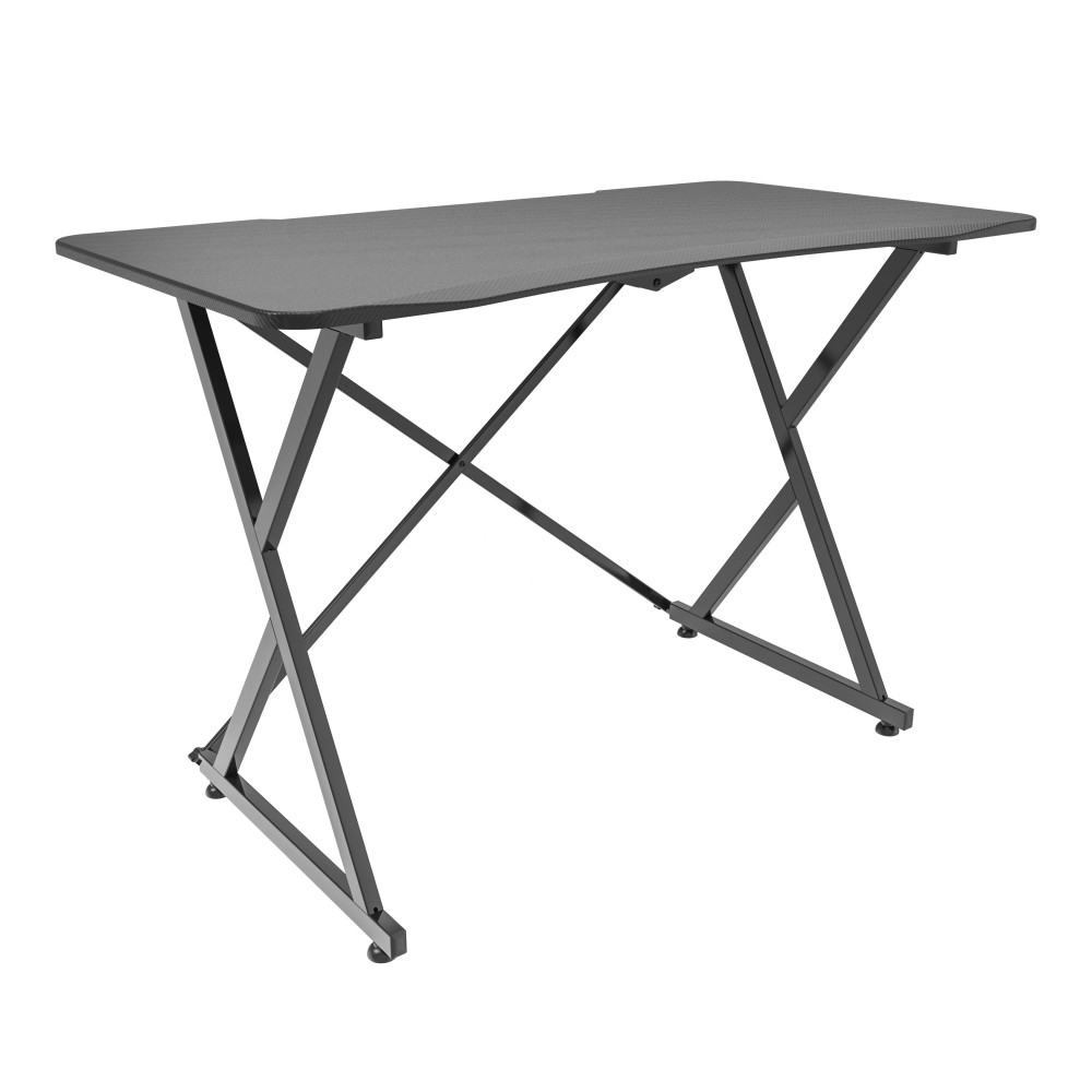 Una scrivania in metallo grigio con piano nero. Le gambe si incrociano per il supporto.