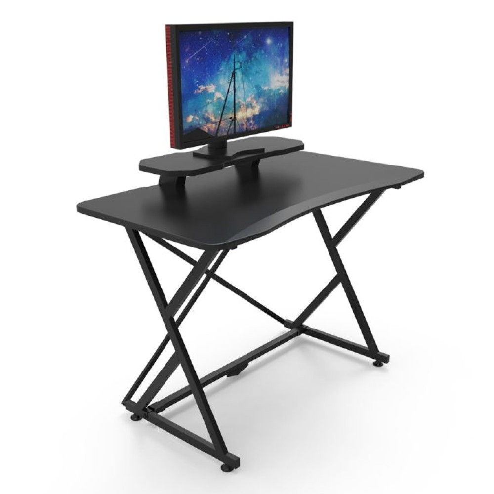 Una scrivania da gioco nera con un monitor, su sfondo bianco. Design semplice.