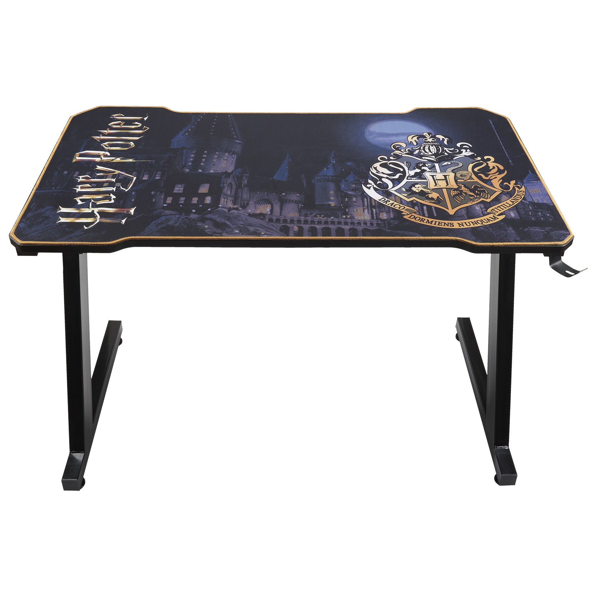 Scrivania a tema Harry Potter con gambe nere e piano stampato.