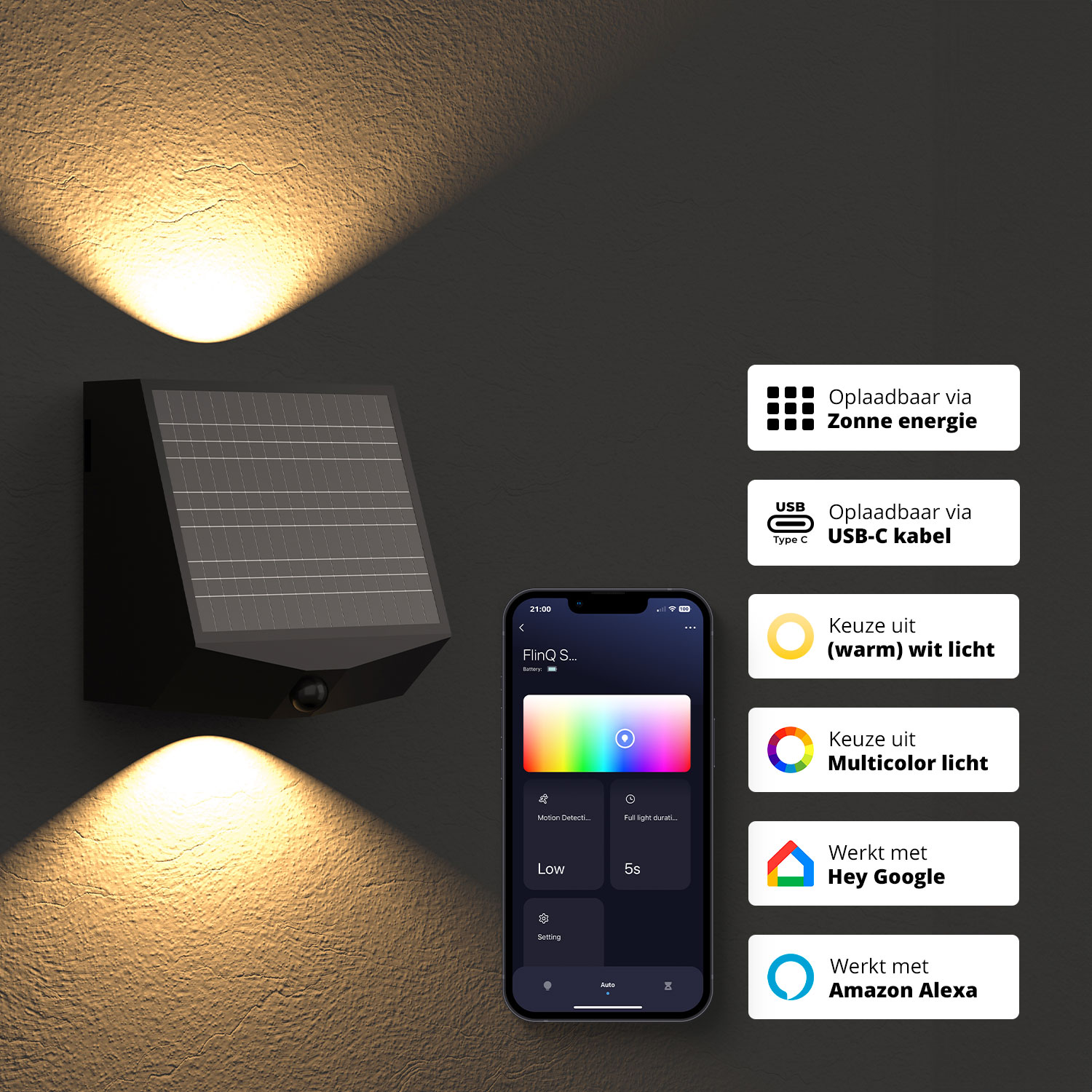 Wall-mounted light with a solar panel and a smartphone displaying an app interface. Dark background.