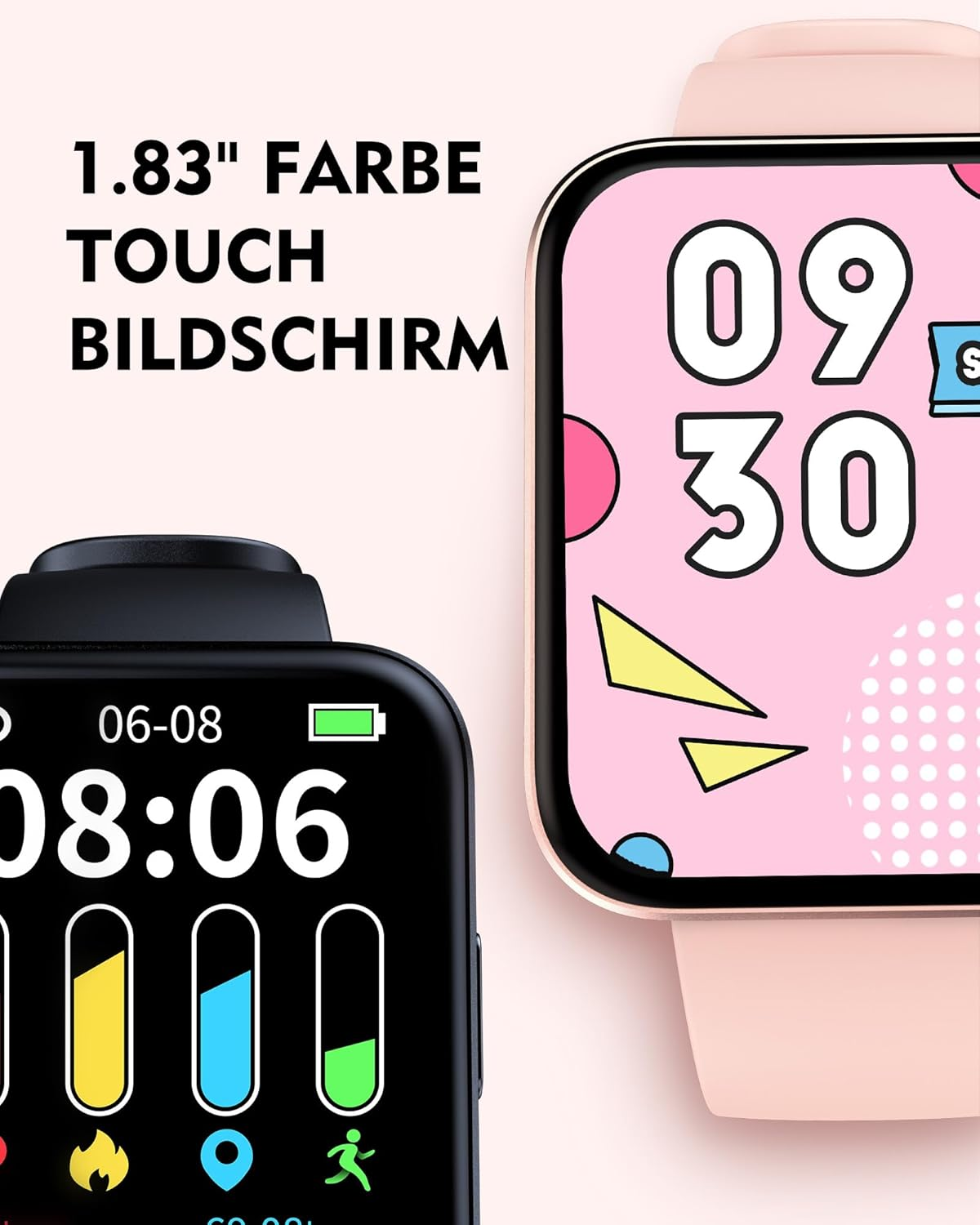 Zwei Smartwatches, die die Uhrzeit und andere Gesundheitsdaten anzeigen. Der Hintergrund ist rosa und weiß.