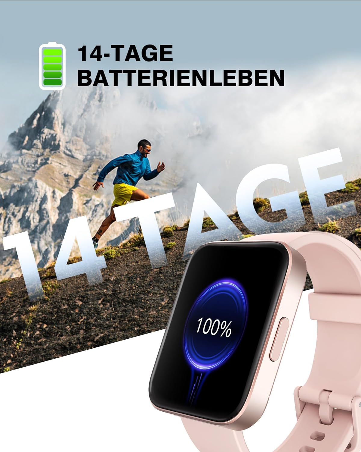 Eine Person läuft auf einem Bergpfad und trägt eine Smartwatch. Die Uhr zeigt 100% Akkulaufzeit.