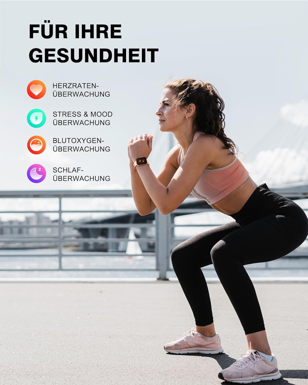 Eine Frau hockt, trägt eine Smartwatch. Text zeigt Gesundheitsmetriken wie Herzfrequenz und Schlaf.