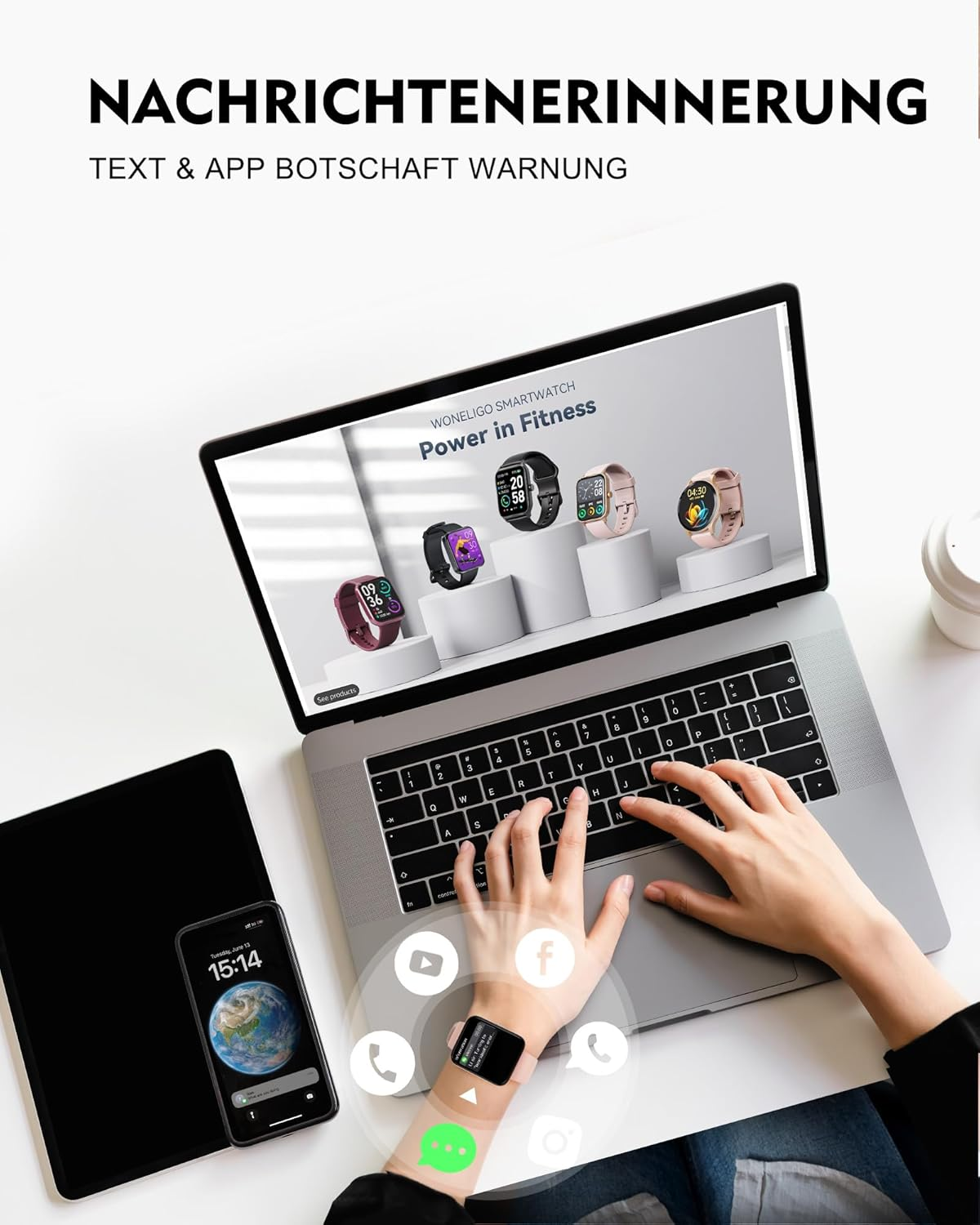 Eine Person benutzt einen Laptop. Eine Smartwatch und ein Smartphone liegen auf dem Schreibtisch. Text lautet „Power in Fitness“.