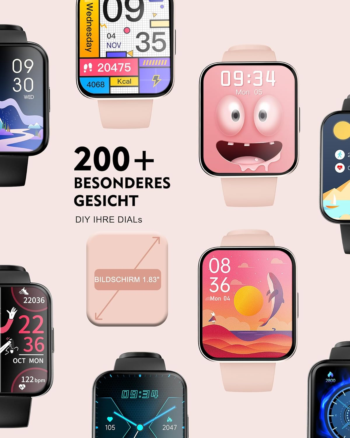 Verschiedene Smartwatches mit unterschiedlichen Bildschirmen. Text links: '200+ besondere Gesichter' und Bildschirmgröße.