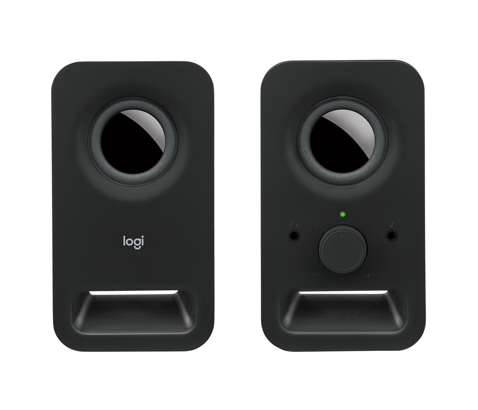 Dos altavoces Logi gris oscuro. Un altavoz tiene control de volumen y conector para auriculares.
