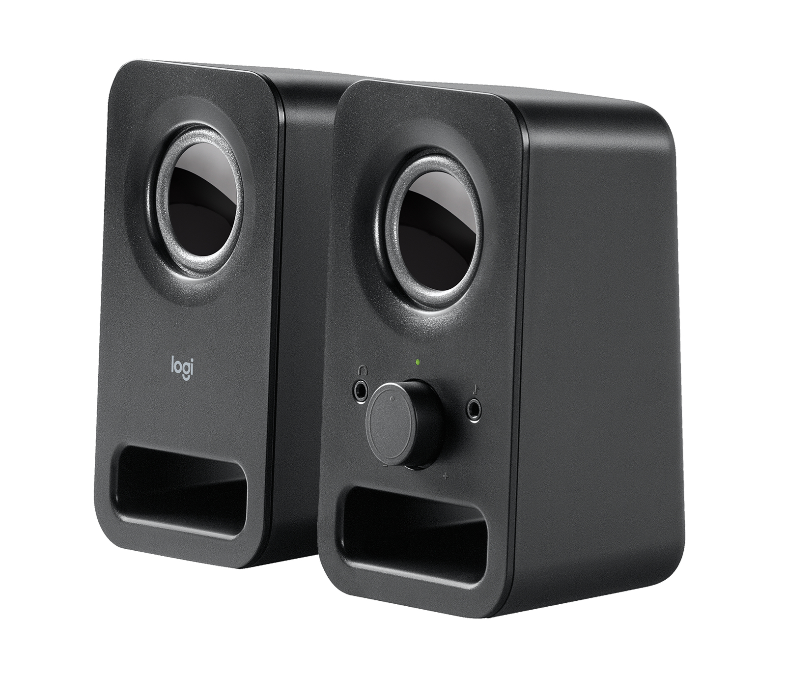 Dos altavoces Logitech negros sobre un fondo blanco. Cada uno tiene un altavoz redondo y una perilla de control.