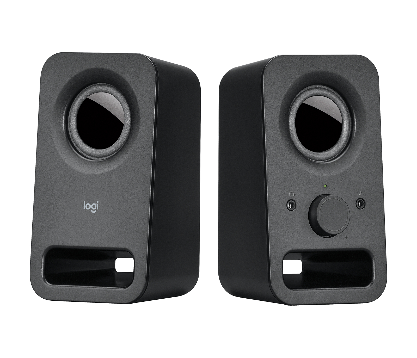 Dos altavoces negros con un diseño redondeado. La marca es "Logi".