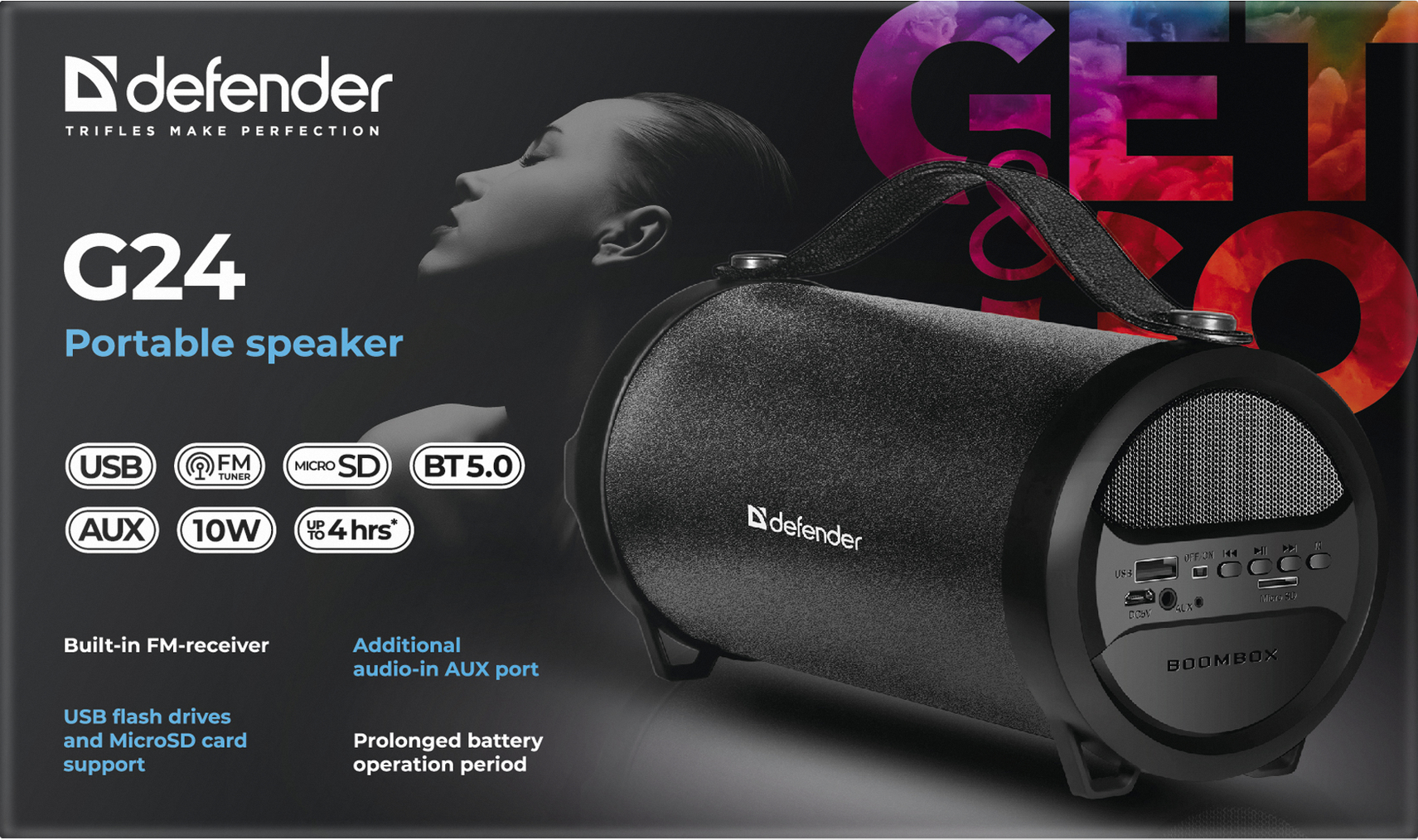 Czarny i szary głośnik z uchwytem i szczegółami produktu z boku.