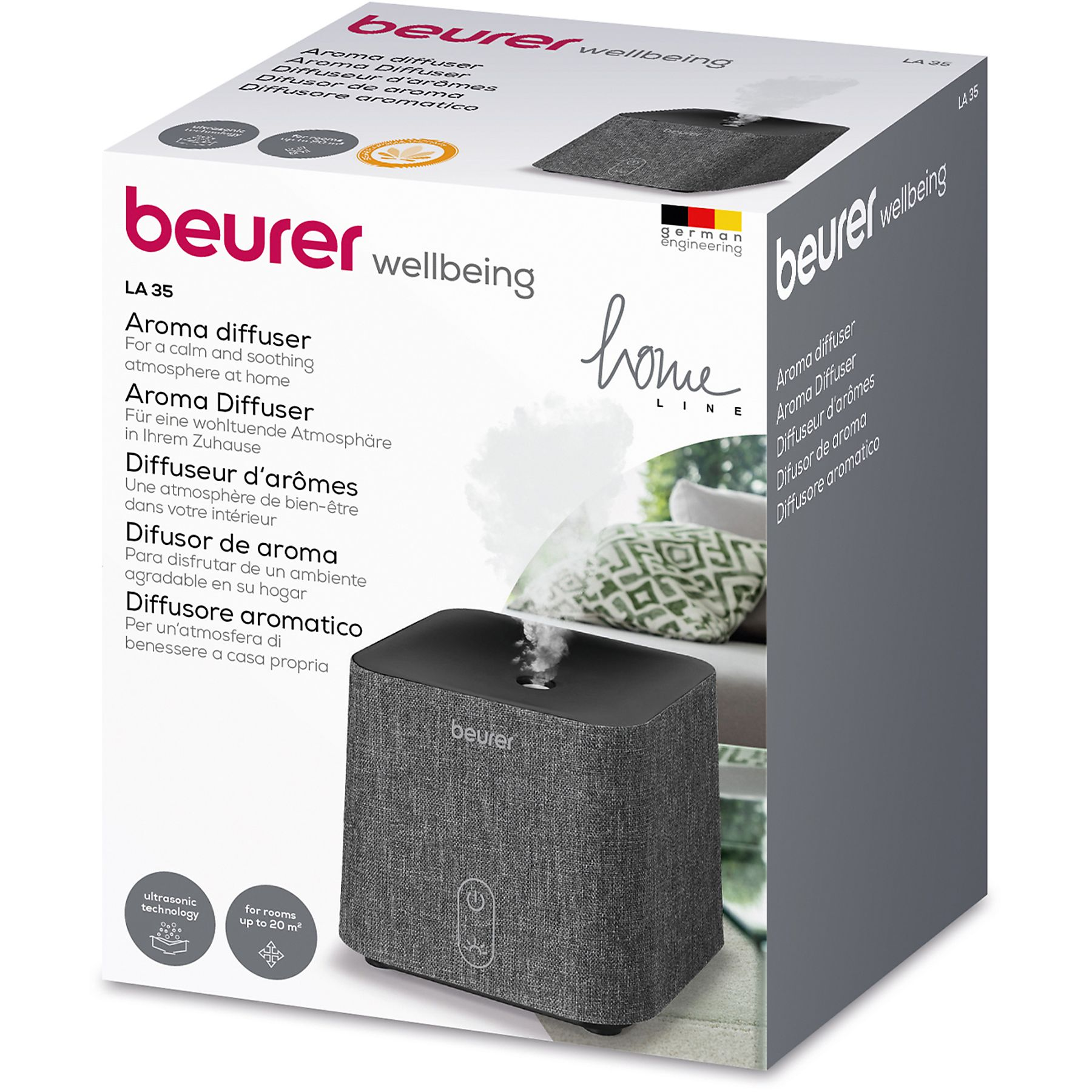 Een doos met de 'beurer wellbeing' aromaverspreider en productinfo.