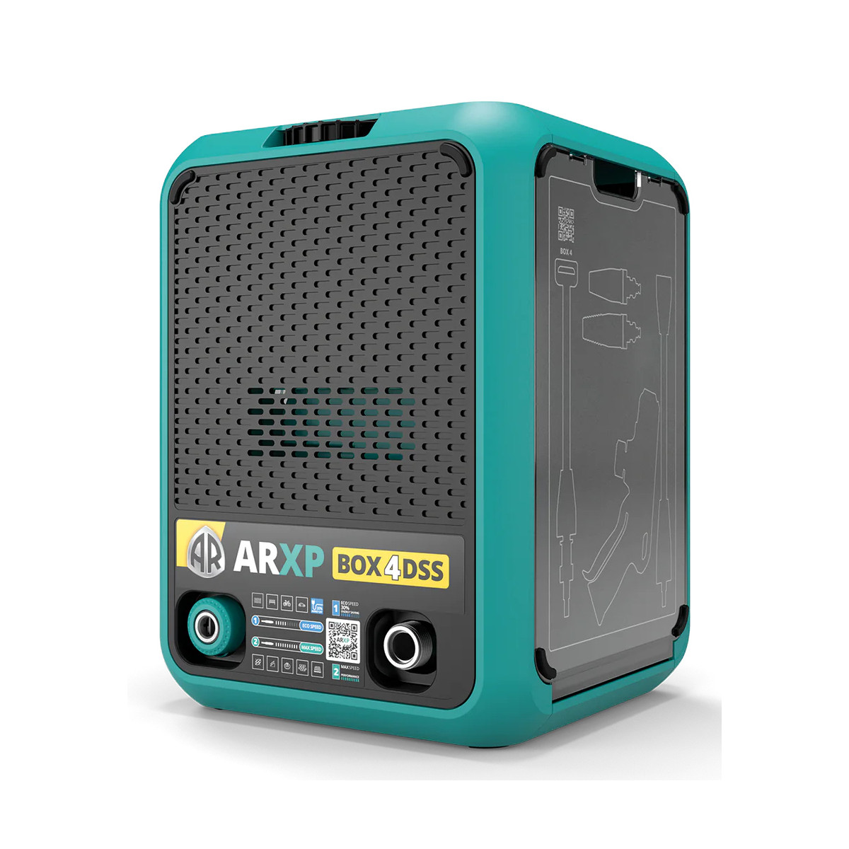 Una scatola color verde acqua con una griglia nera, il testo sulla parte anteriore dice 'ARXP BOX4DSS'.