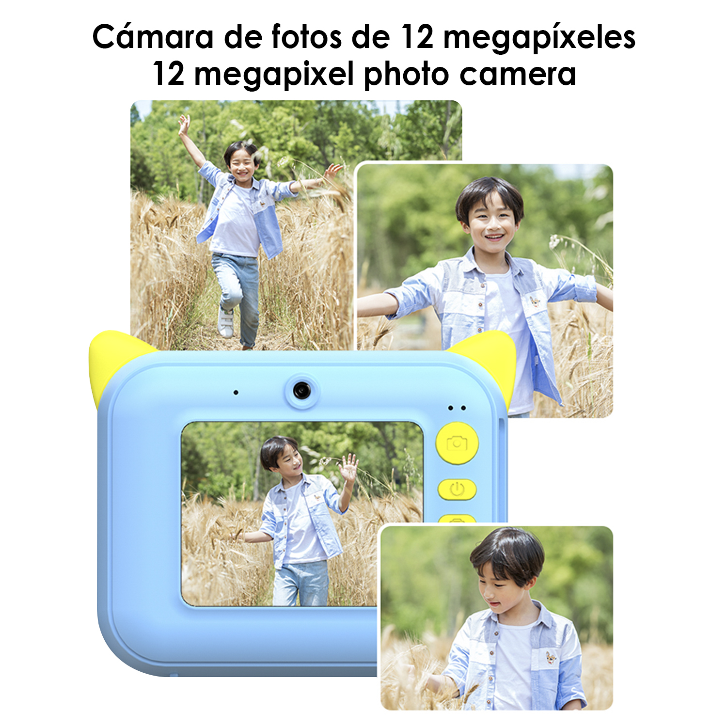 Cámara azul con fotos de un niño corriendo, saludando y mirando un campo de trigo.