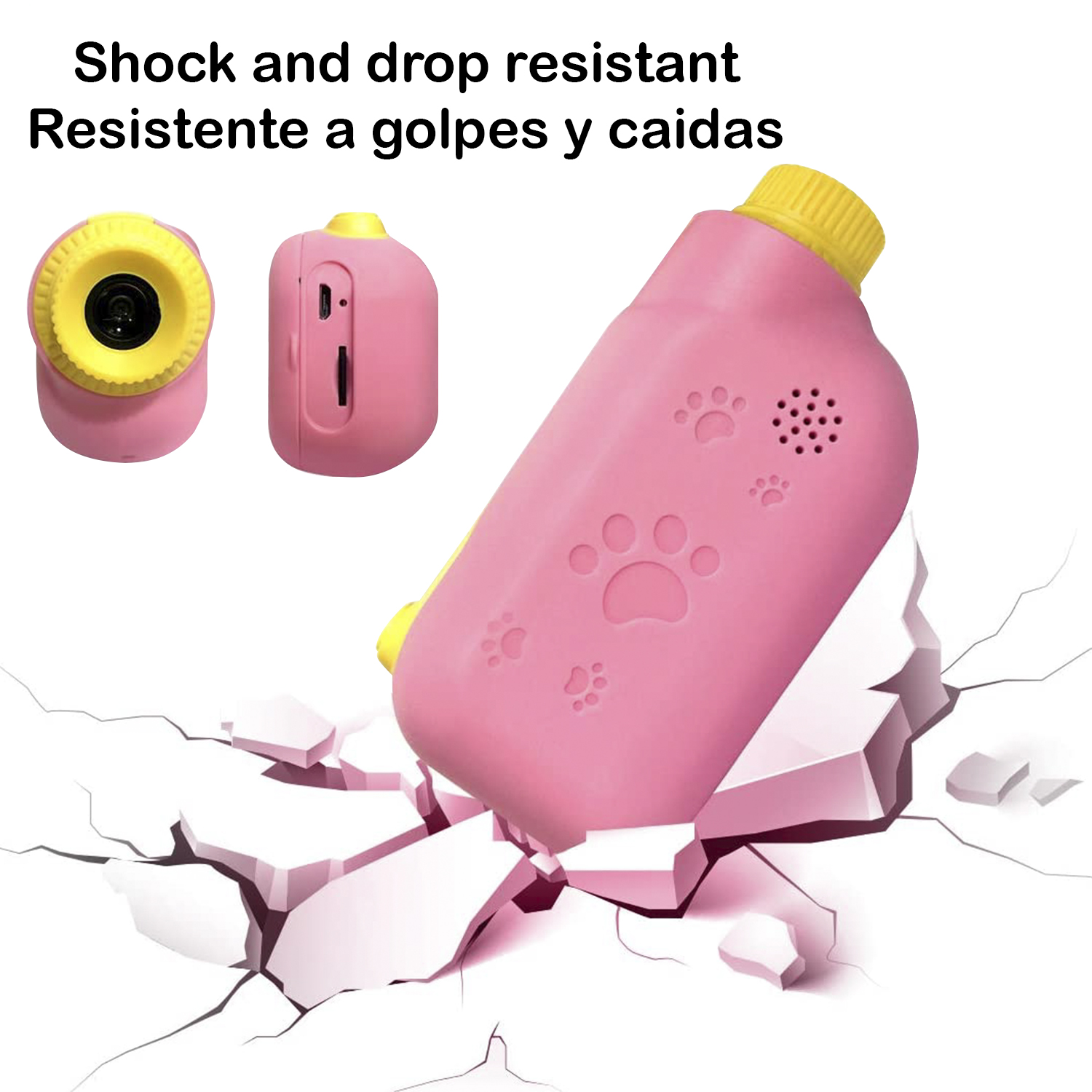 Cámara rosa con detalles amarillos, mostrando resistencia al impacto con grietas debajo.
