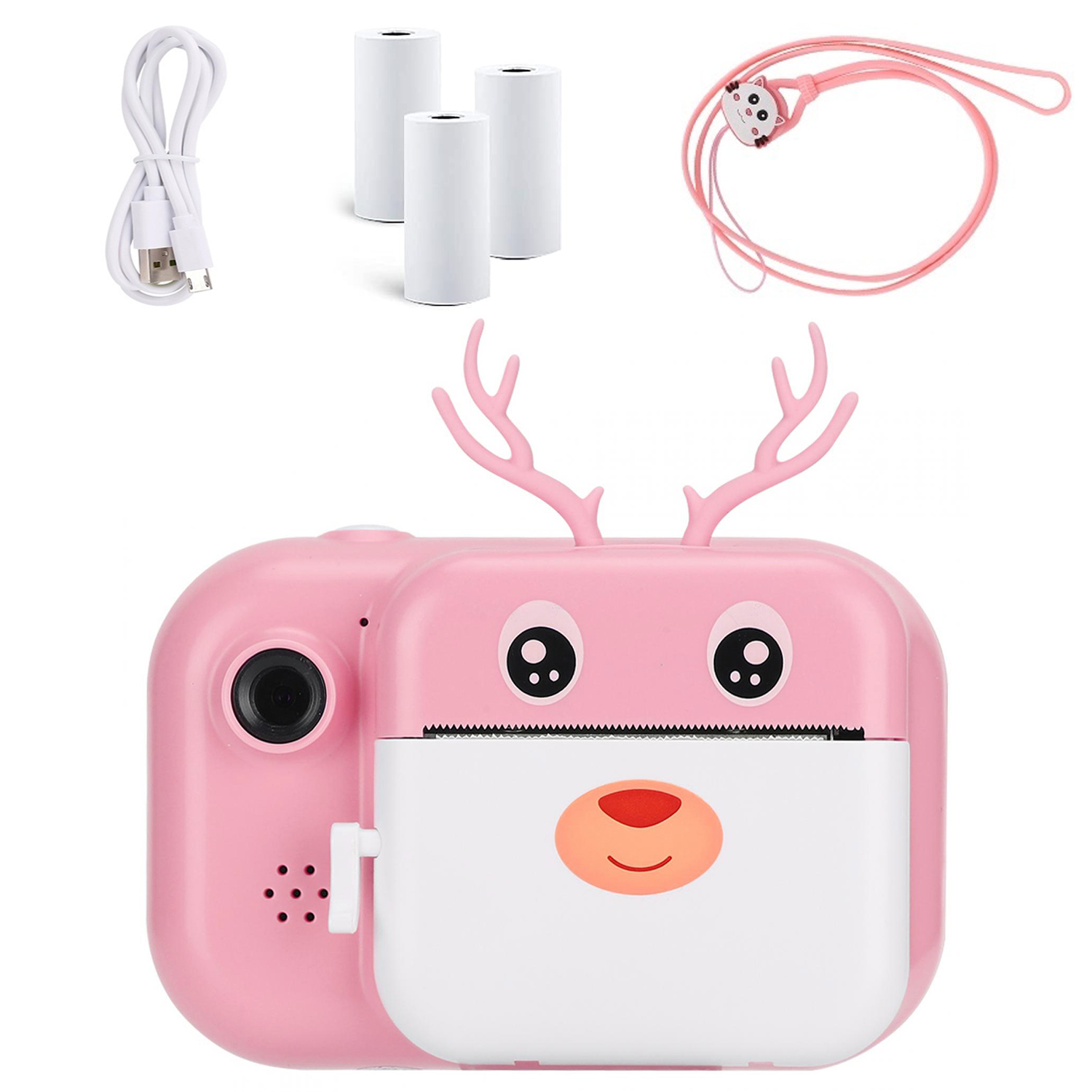 Impresora rosa con forma de ciervo con cargador, rollos de papel y un cordón rosa con forma de gato.