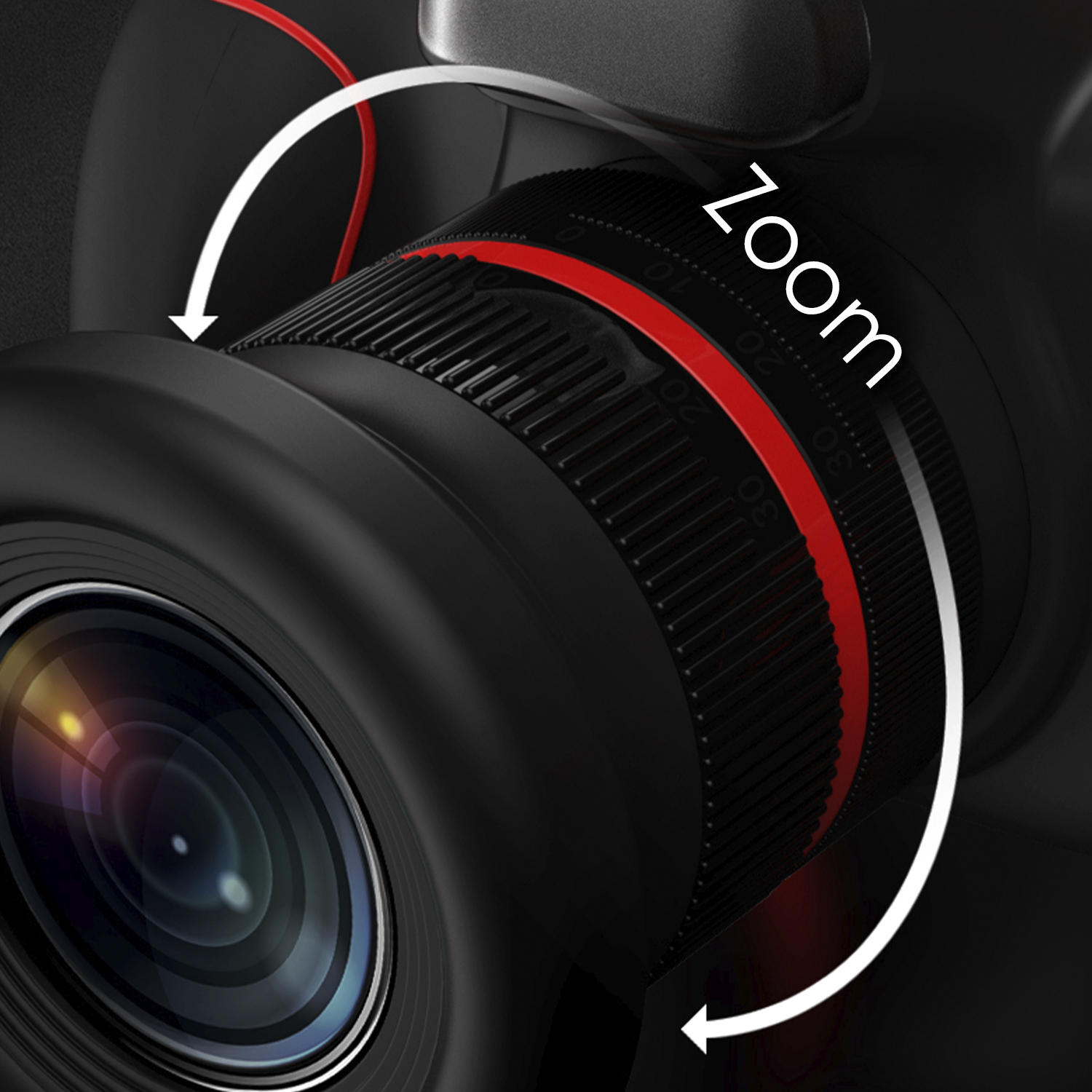 Primer plano de un objetivo de cámara negro con anillo de zoom rojo. Se está ajustando el zoom de la cámara. Fondo negro.